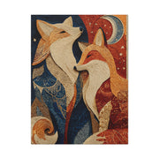 Folk Twin Foxes Celestial Linocut Wall Art & Canvas Print