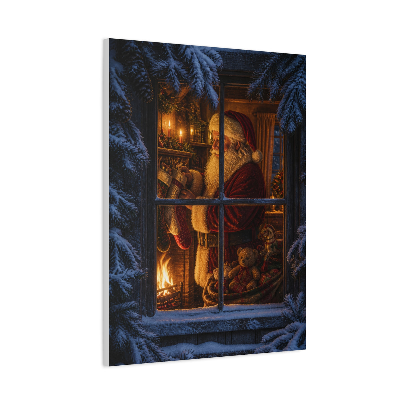 Snowy Cottage Window Santa Scene Wall Art & Canvas Print