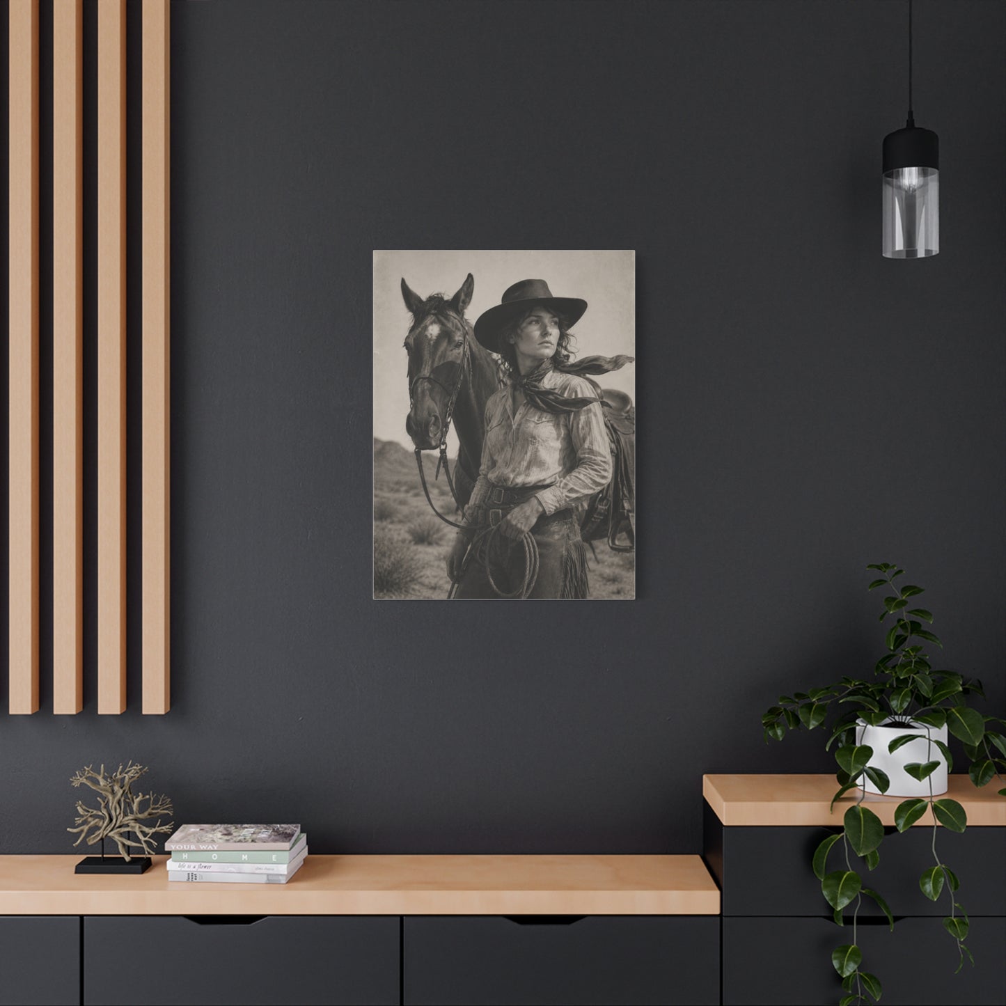 Black & White Cowgirl Portrait with Horse Wall Art & Canvas Print