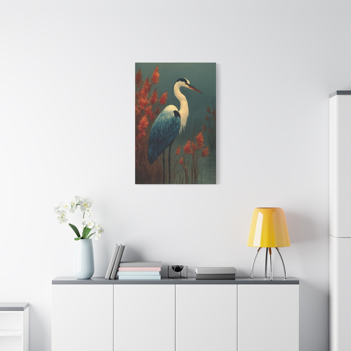 White Heron Marsh Portrait Wall Art & Canvas Print