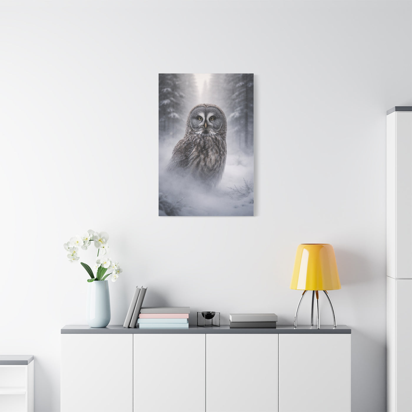 Great Grey Owl Winter Mist Portrait Wall Art & Canvas Print