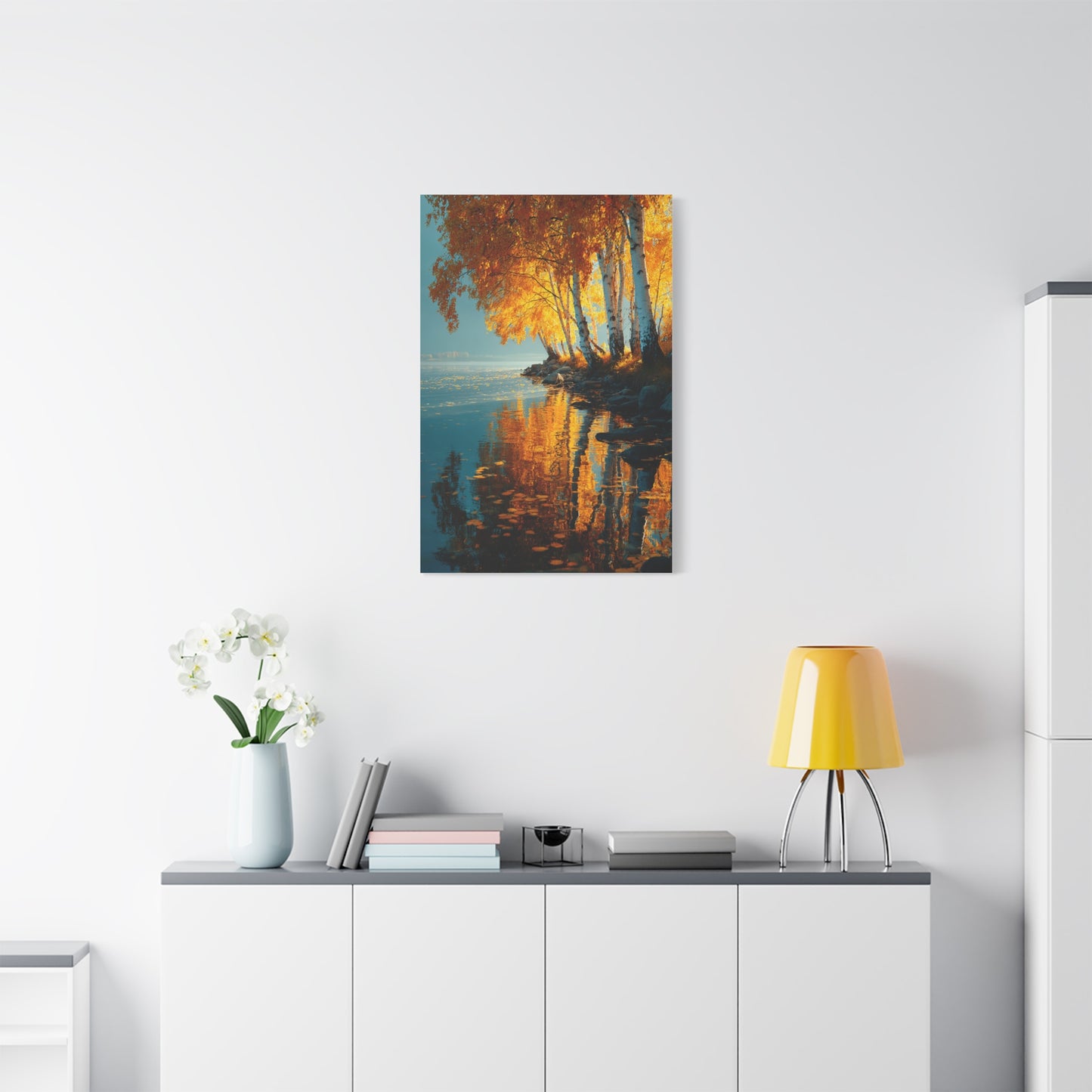 Golden Birch Autumn Lake Reflection Wall Art & Canvas Print