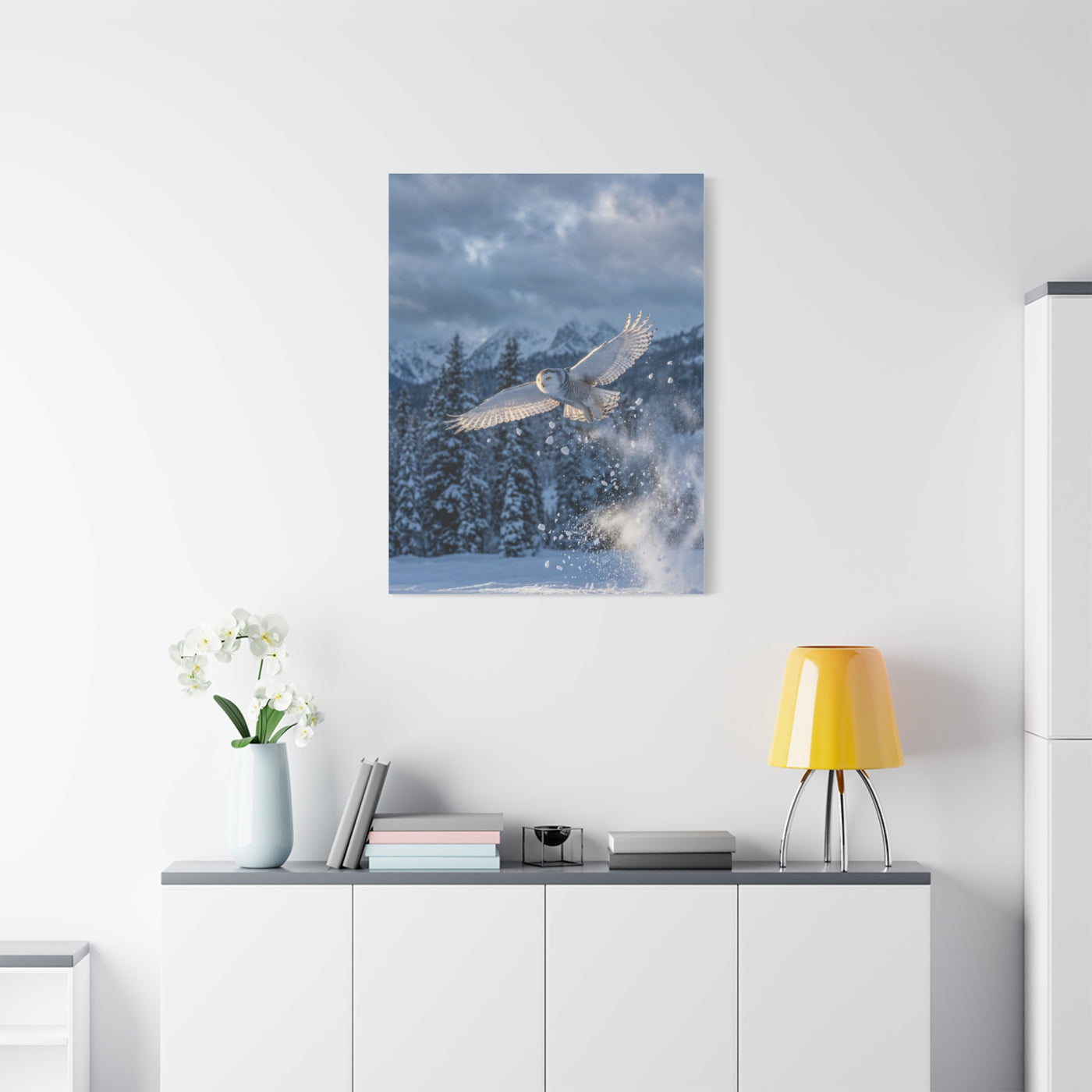 Snowy Owl Mountain Flight Wall Art & Canvas Print