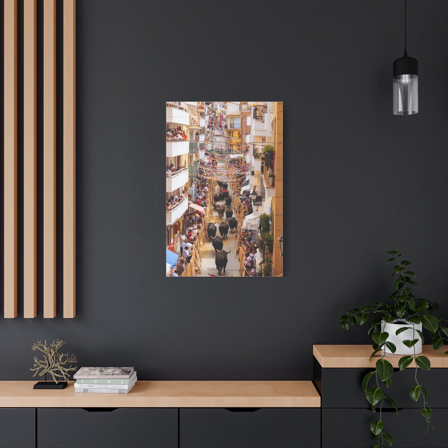 Spanish Village Bull Festival Street Scene Wall Art & Canvas Print