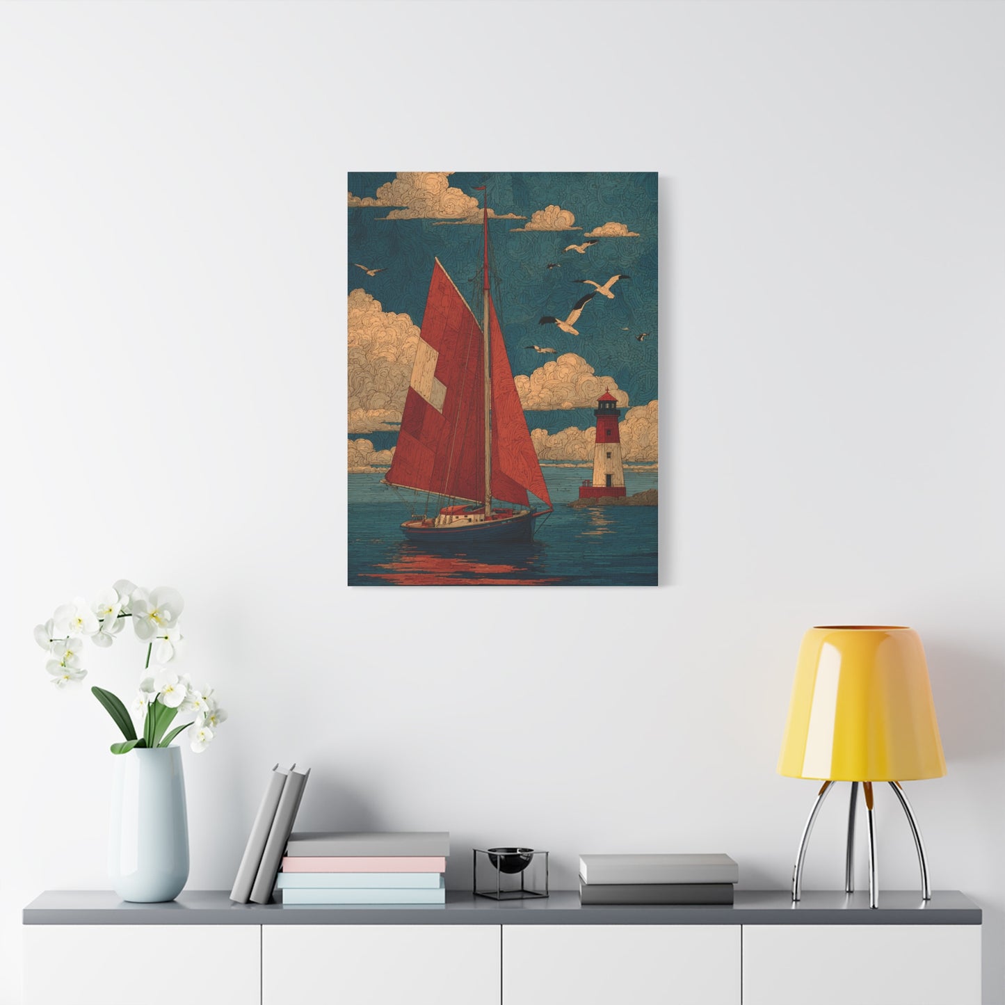 Primitive Coastal Sailboat Folk Wall Art & Canvas Print
