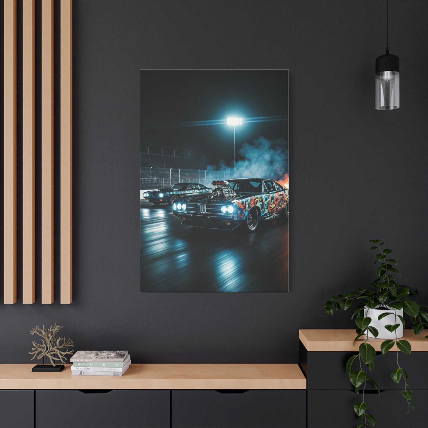 1970 Dodge Charger R/T vs 1970 Plymouth Barracuda Night Drag Duel Wall Art & Canvas Prints