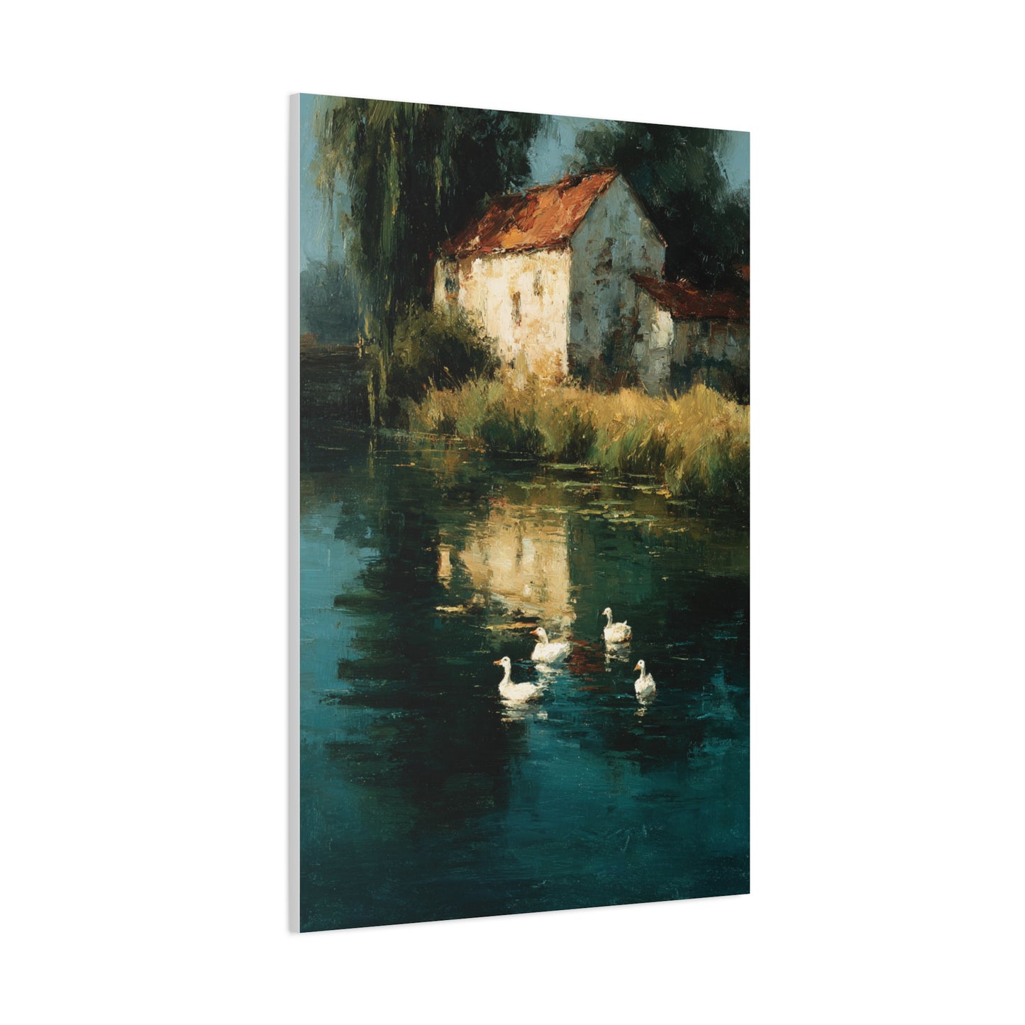 Farmhouse Pond with Ducks Reflection Wall Art & Canvas Print