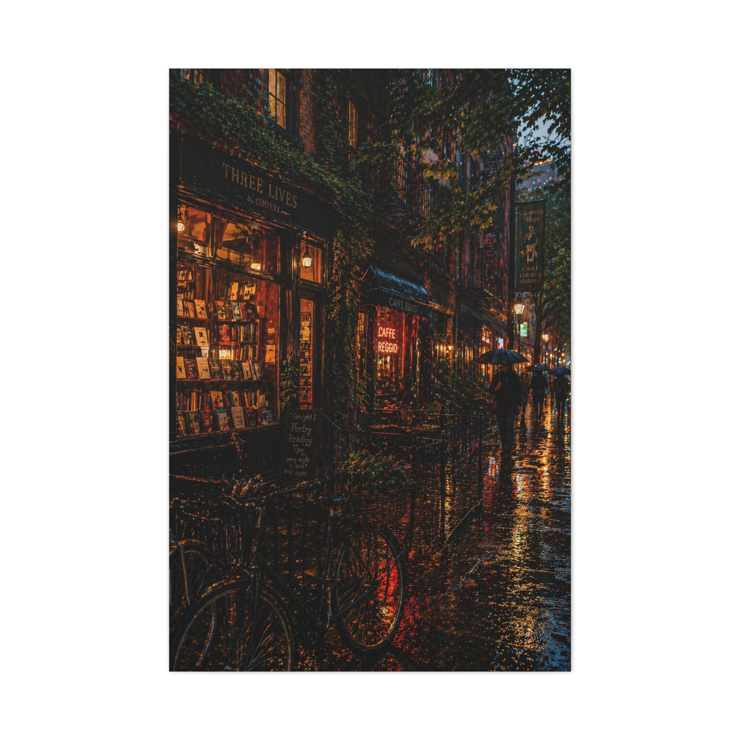 Greenwich Village Rainy Bookstore Scene Wall Art & Canvas Print