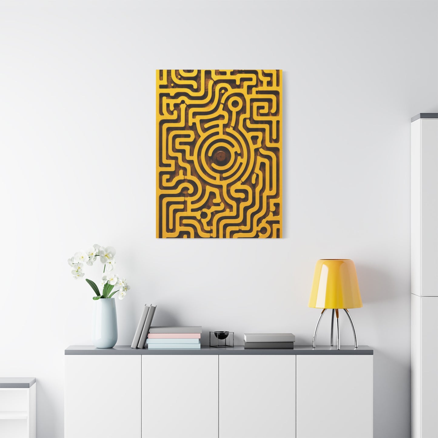 Circular Labyrinth Yellow Relief Design Wall Art & Canvas Print
