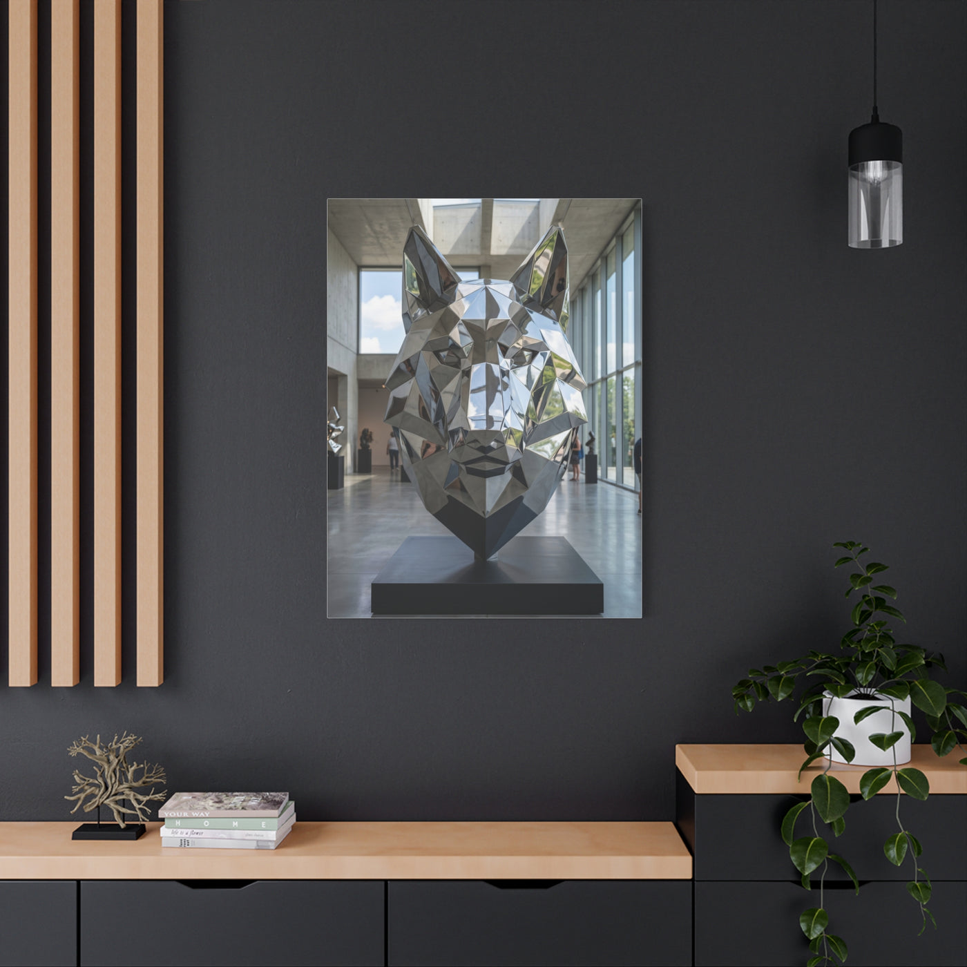 Geometric Chrome Wolf Head Sculpture Wall Art & Canvas Print