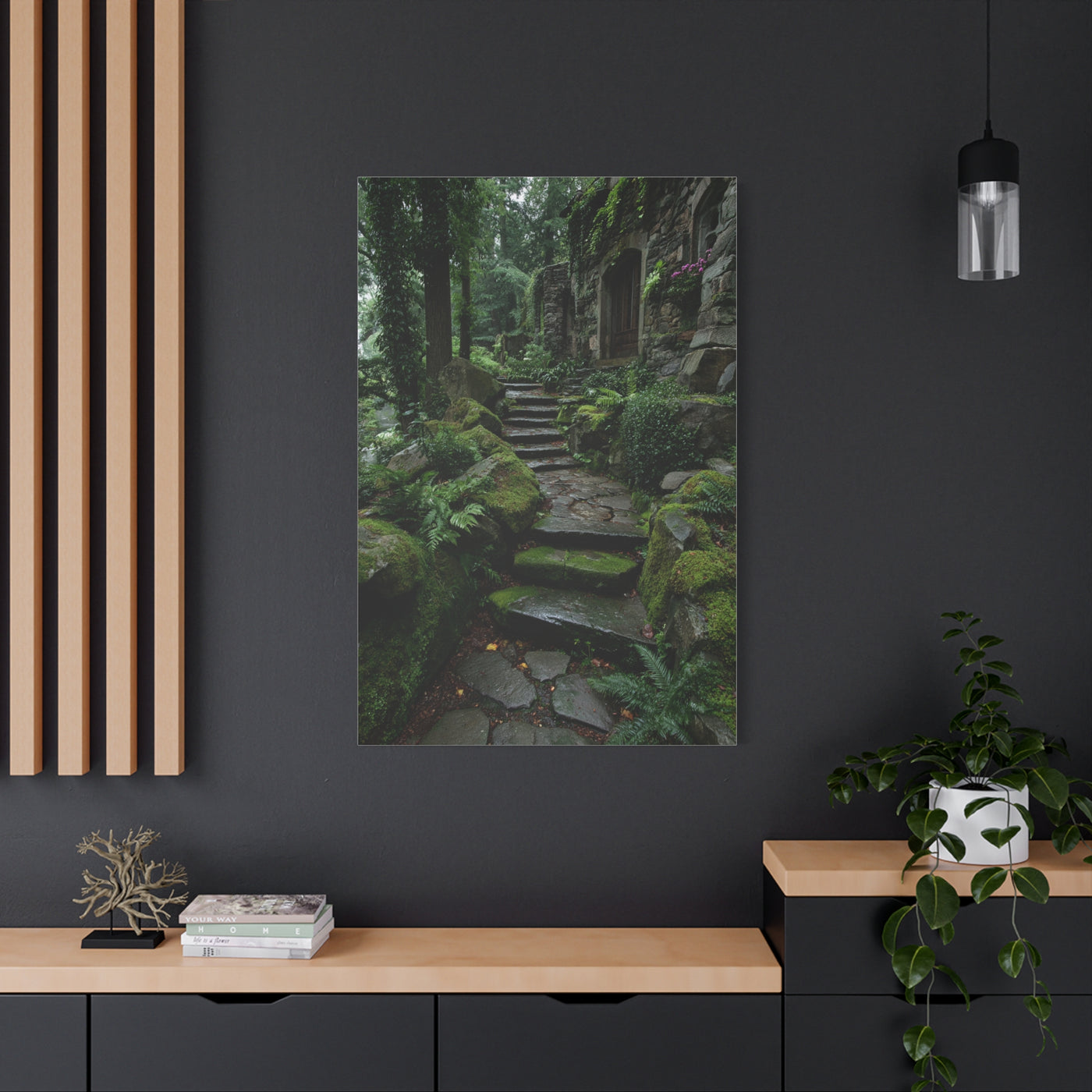 Green Moss-Covered Garden Staircase Wall Art & Canvas Print