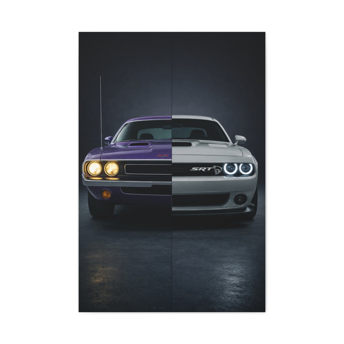 Dodge Challenger Heritage Split 1970 vs Modern SRT Wall Art & Canvas Prints