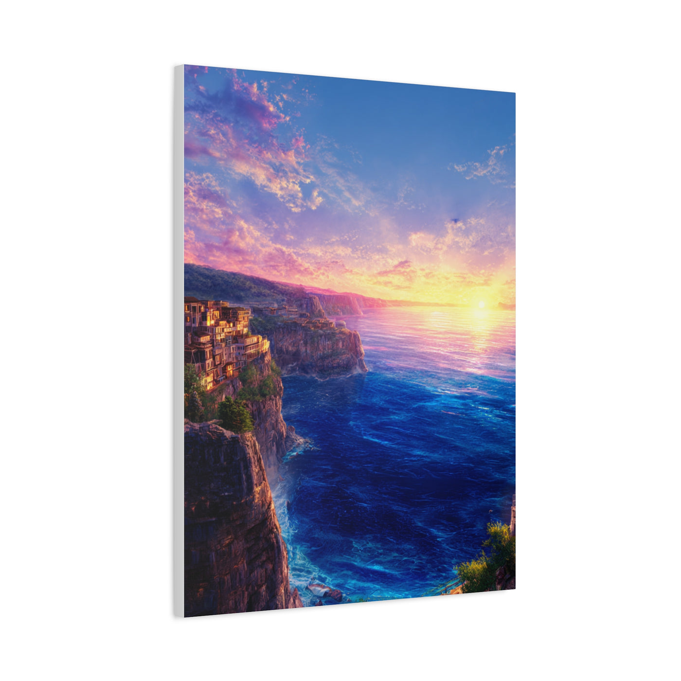 Coastal Village Cliffs at Golden Sunset Wall Art & Canvas Print