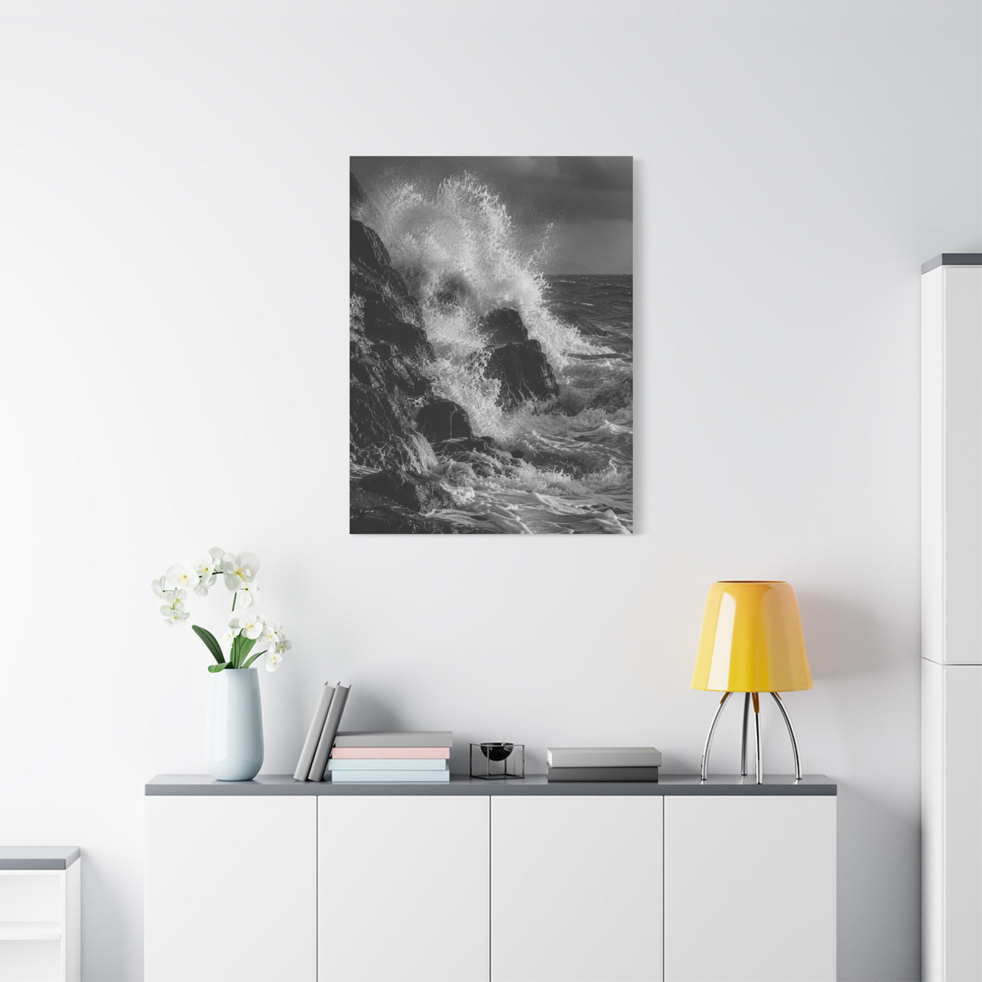 Monochrome Ocean Impact Rock Scene Wall Art & Canvas Print