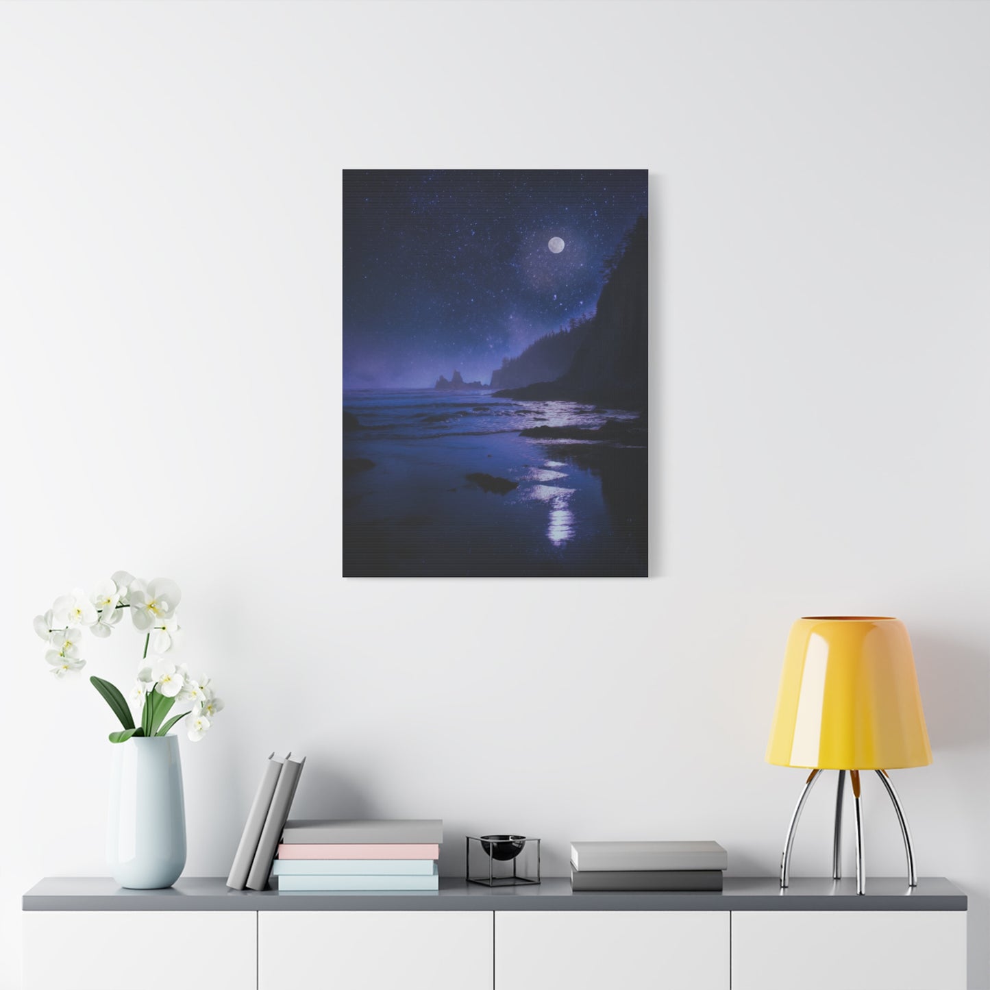 Moonlit Starry Coastline Wall Art & Canvas Print