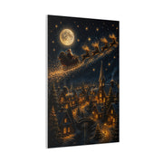 Moonlit Santa Sleigh Over Winter Village Wall Art & Canvas Print