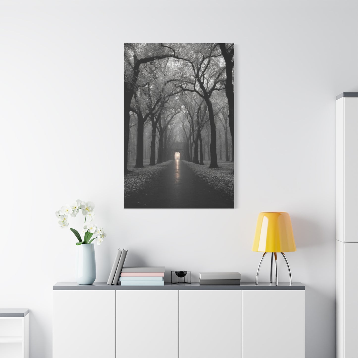 Misty Tree Avenue Monochrome Wall Art & Canvas Print