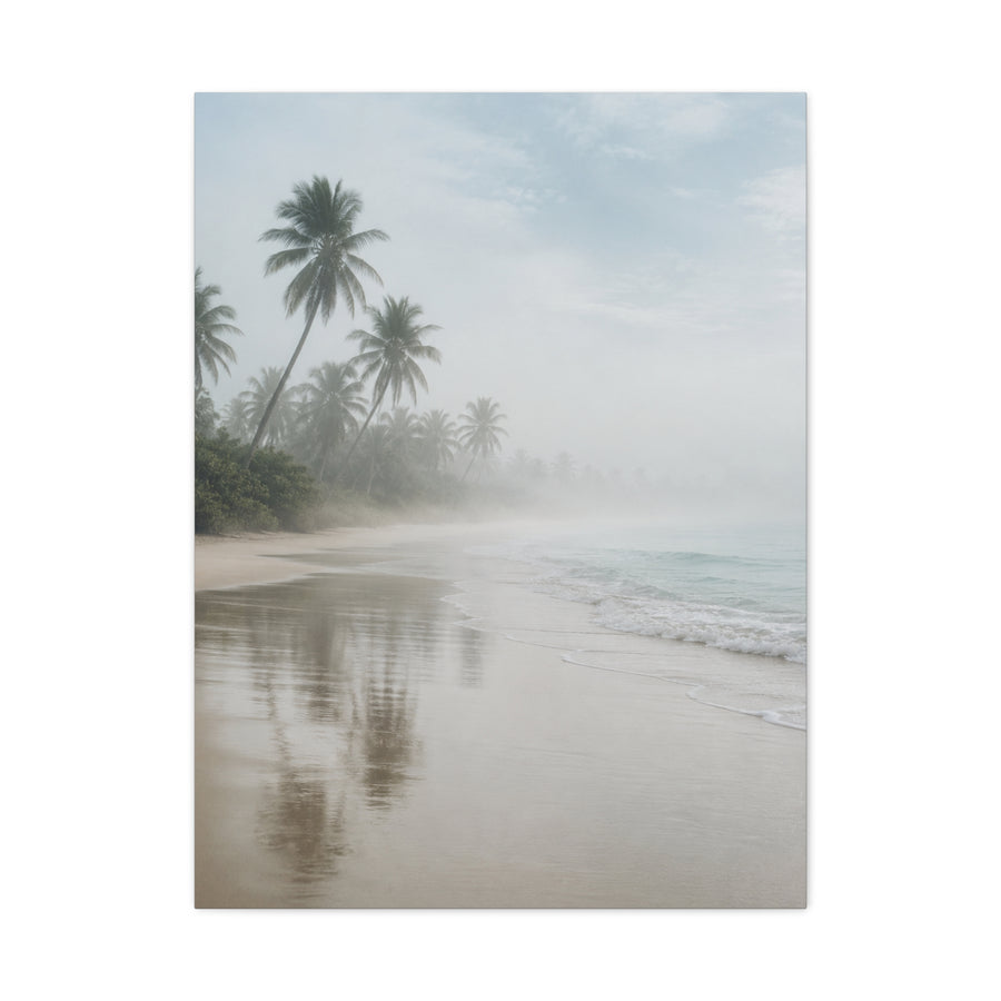 Misty Coastal Palm Shoreline Minimal Tropical Wall Art & Canvas Print