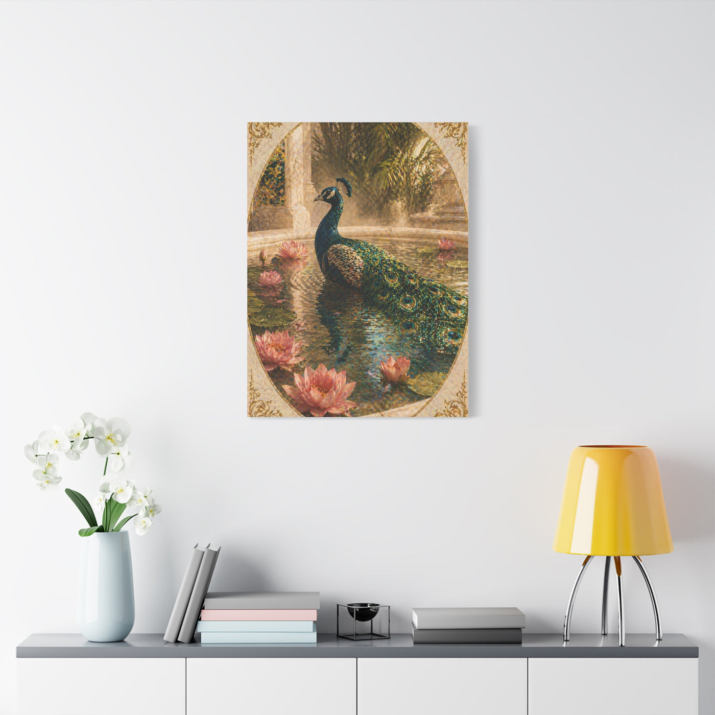 Lotus Pool Peacock Reflection Wall Art & Canvas Print