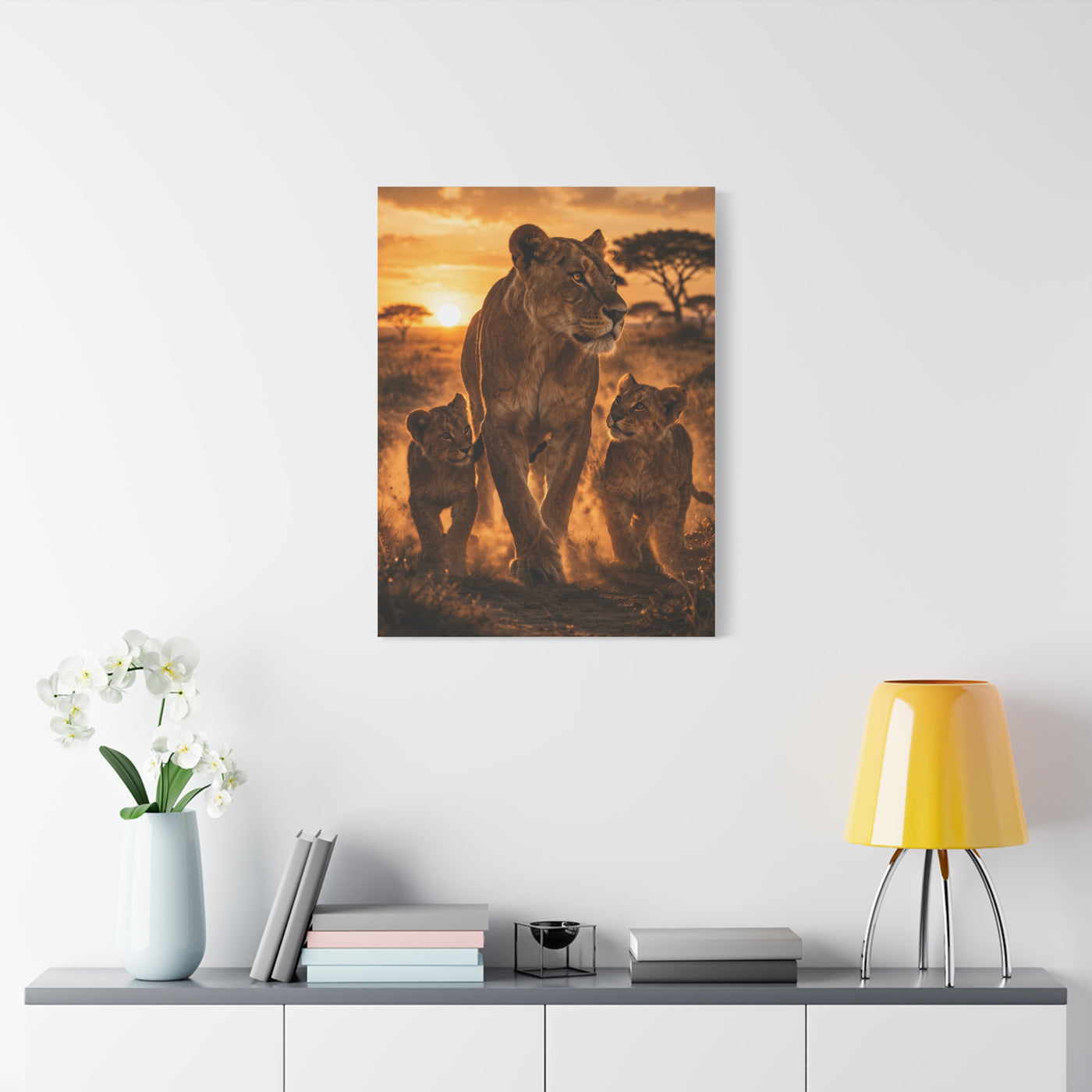 Lioness with Cubs Golden Path Wall Art & Canvas Print