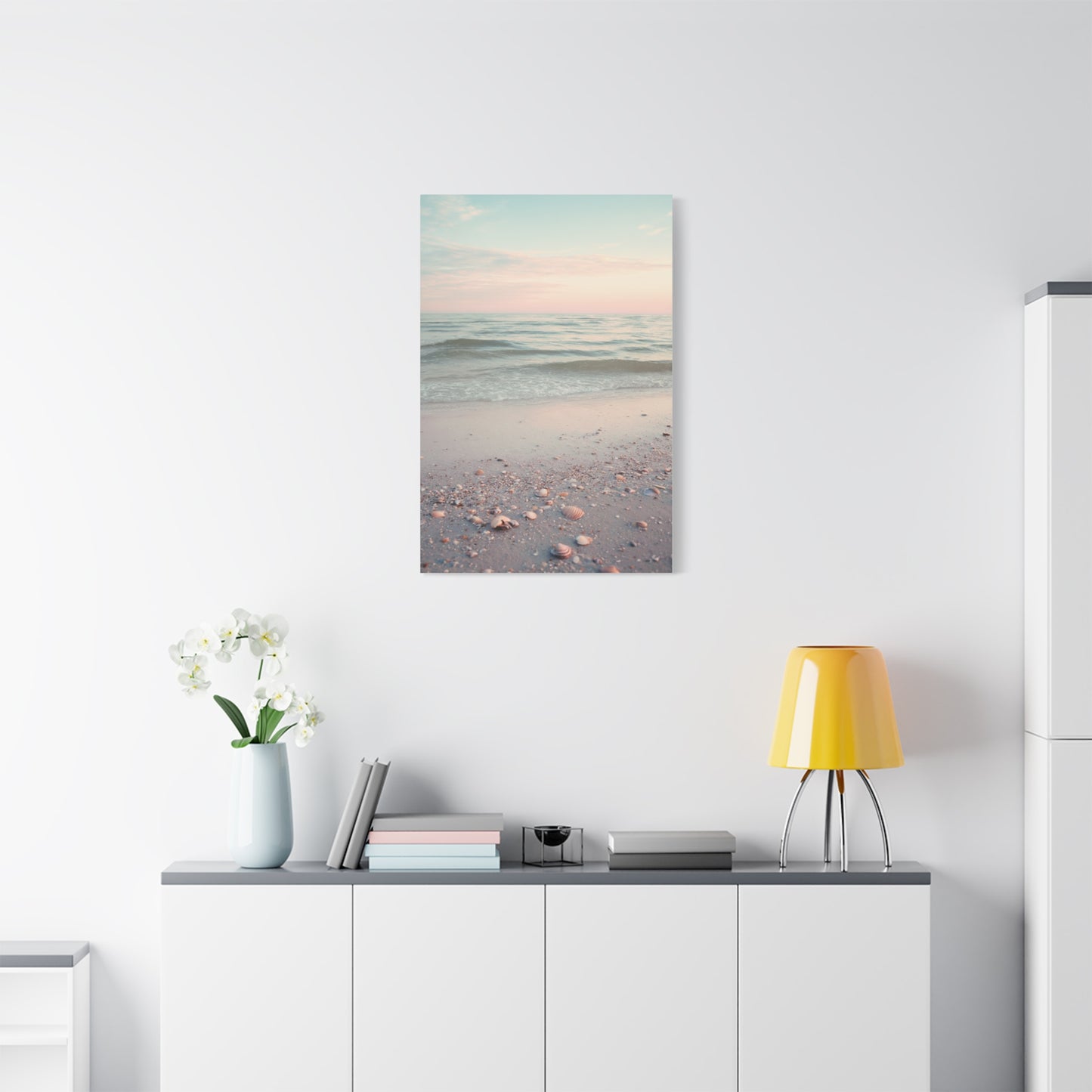 Pastel Sunrise Beach with Seashell Shore Wall Art & Canvas Print