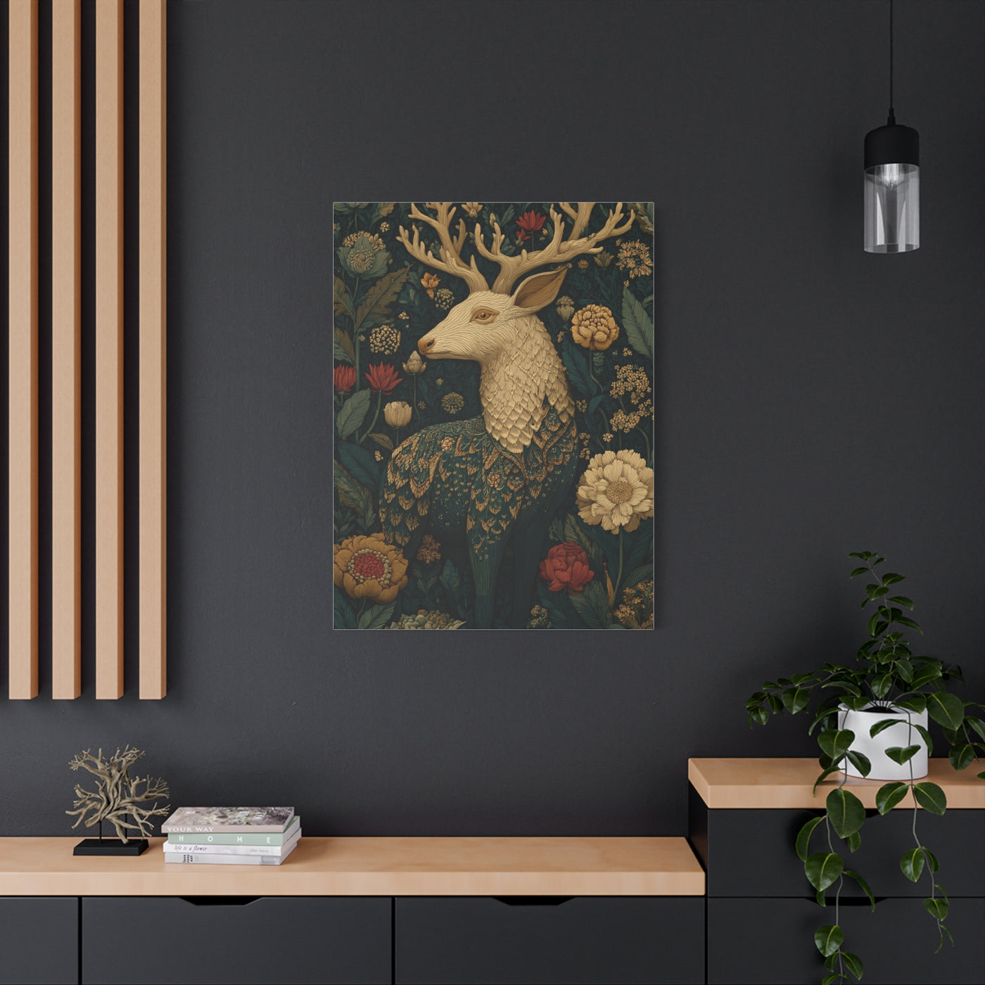 Ornamental Folk Deer Woodland Wall Art & Canvas Print