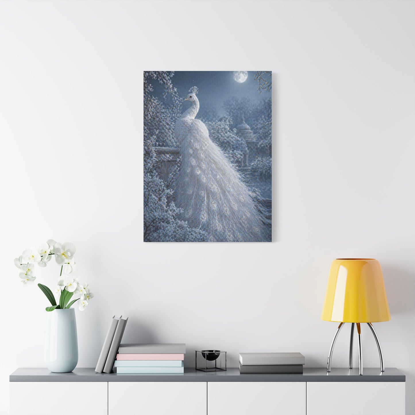 Snowy Moonlit White Peacock Wall Art & Canvas Print
