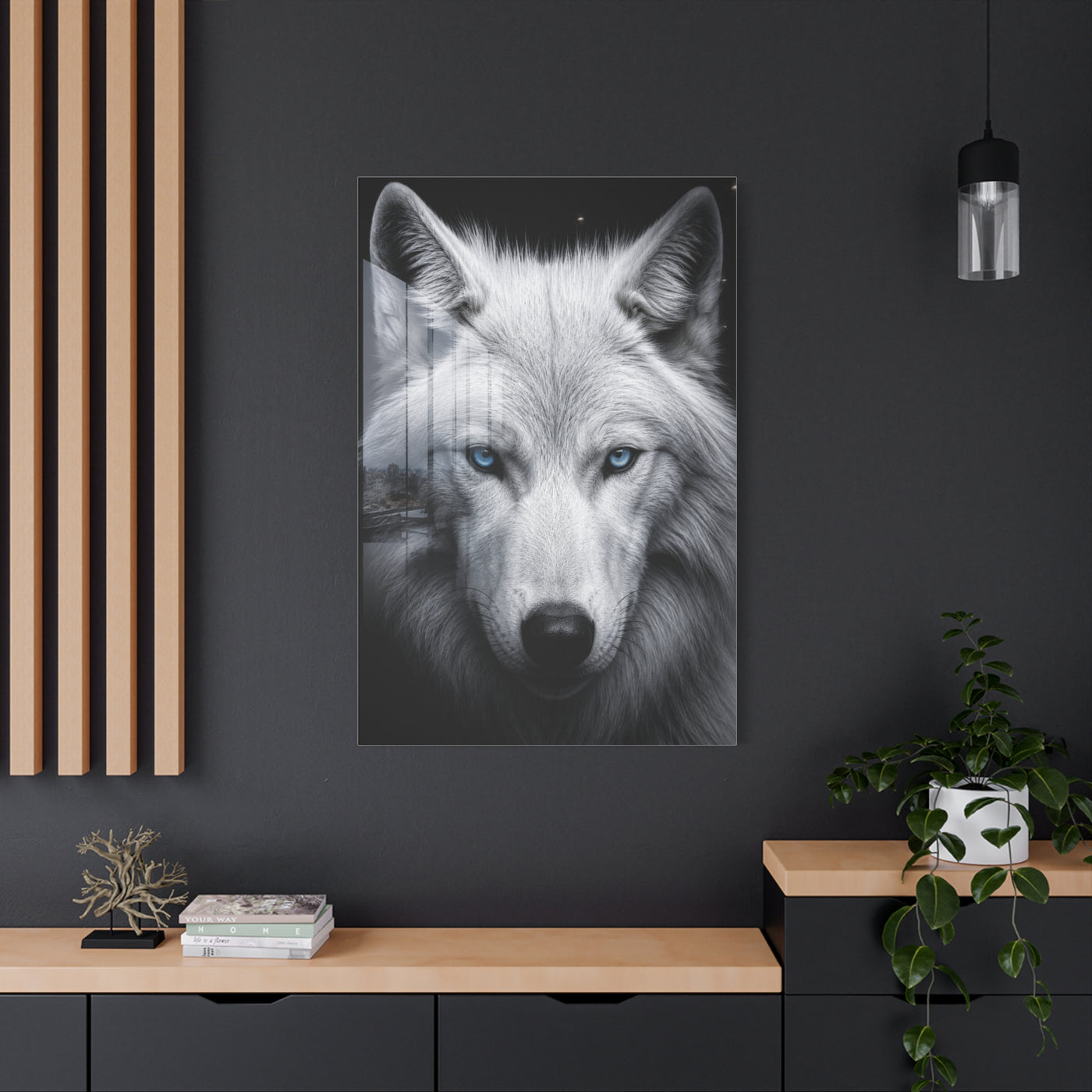 White Wolf Blue Eyes Monochrome Portrait Wall Art & Canvas Print