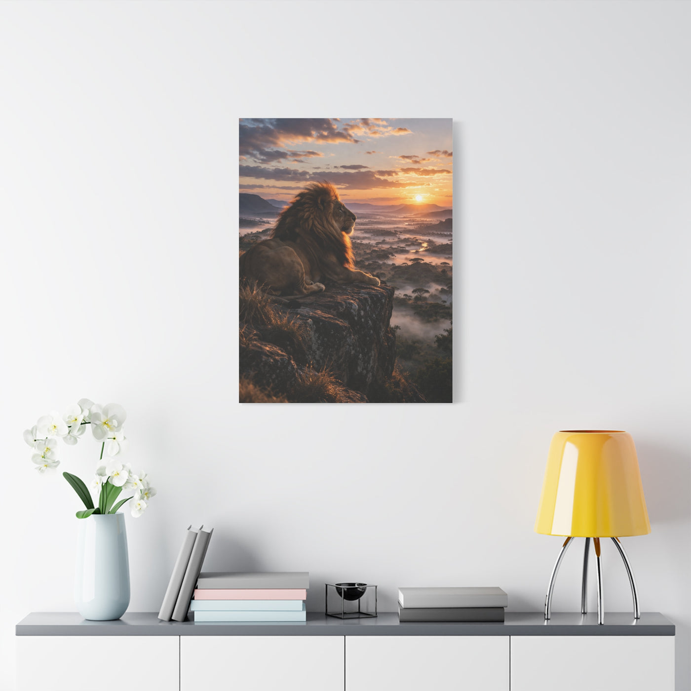 Lion at Sunrise Over Savannah Valley Wall Art & Canvas Print