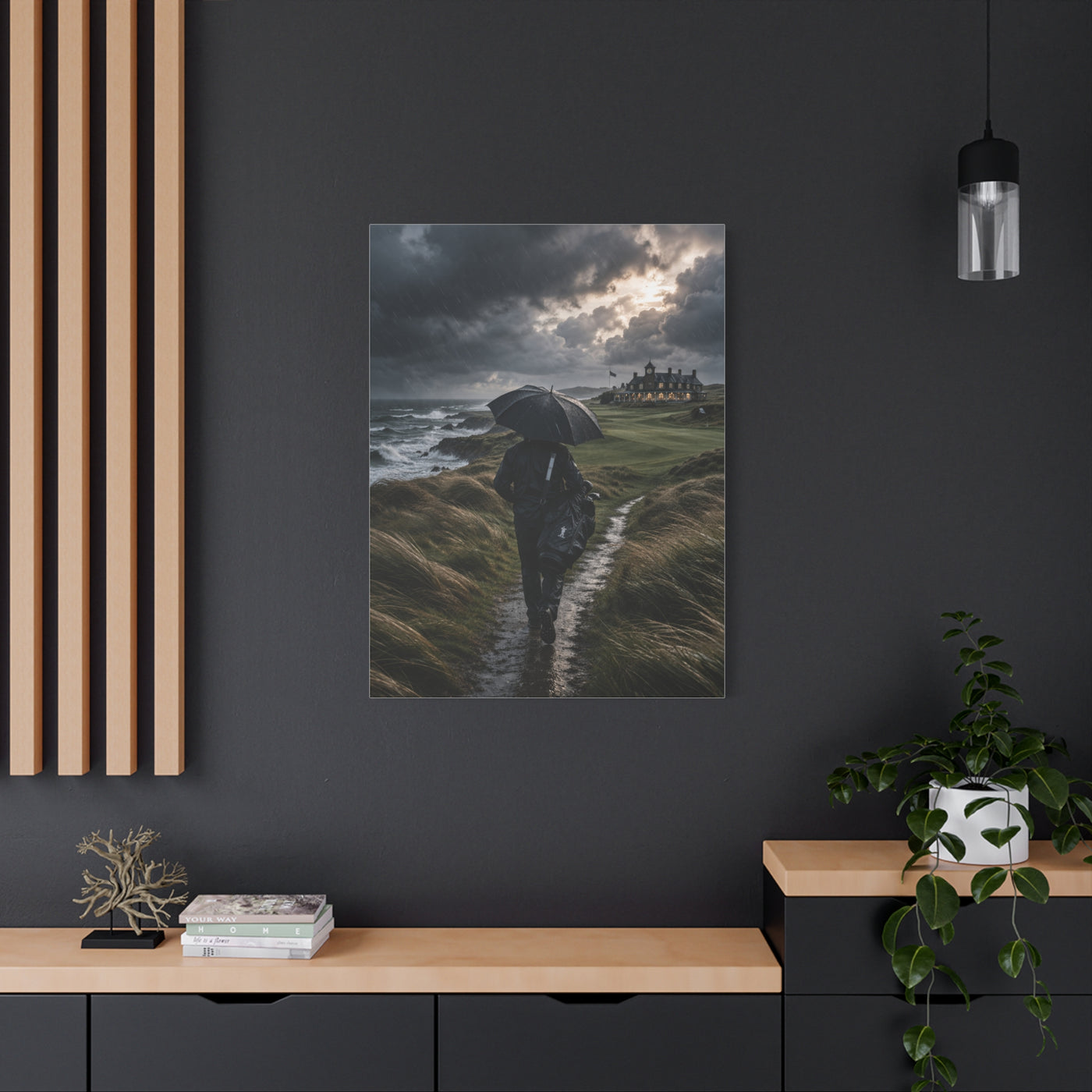 Stormy Seaside Golfer Journey Wall Art & Canvas Print