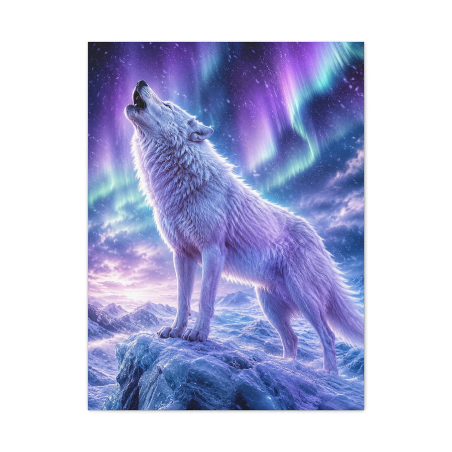 Aurora Night White Wolf Howling Scene Wall Art & Canvas Print