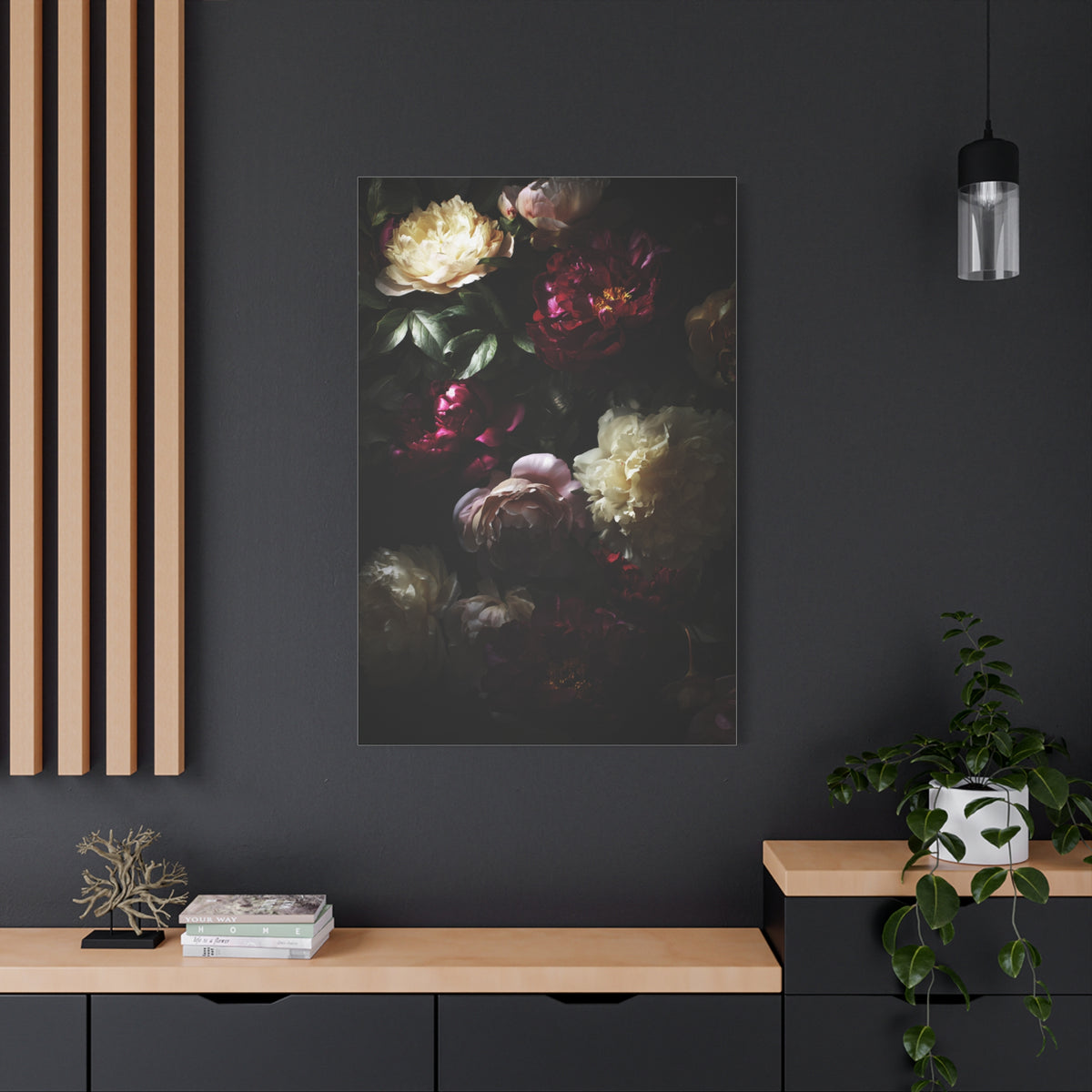 Luminous Peonies on Dark Background Wall Art & Canvas Print