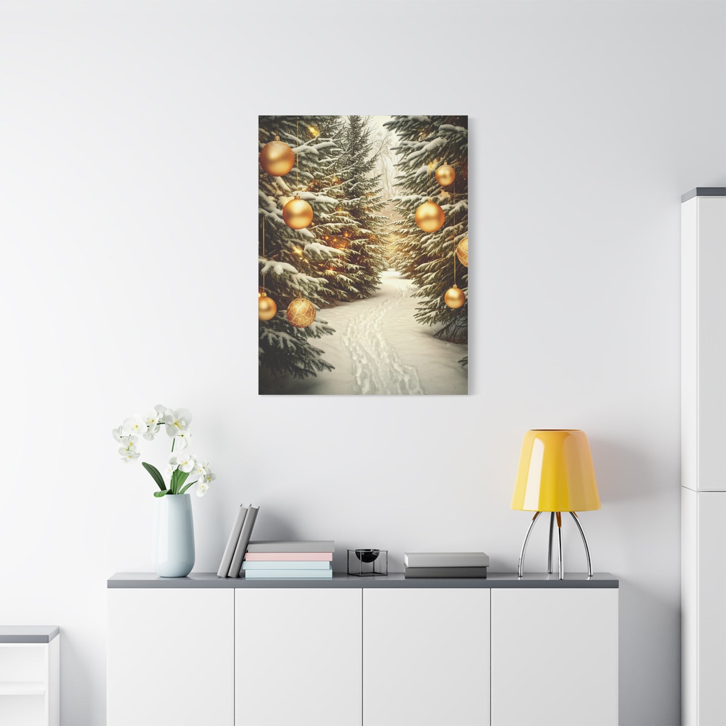 Snowy Pine Path With Golden Christmas Ornaments Wall Art & Canvas Print