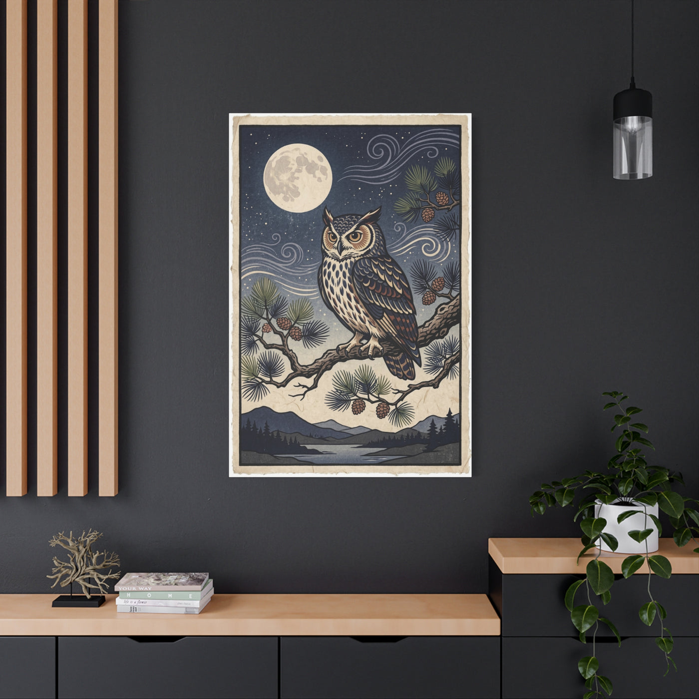 Vintage Moonlit Owl Woodblock Wall Art & Canvas Print