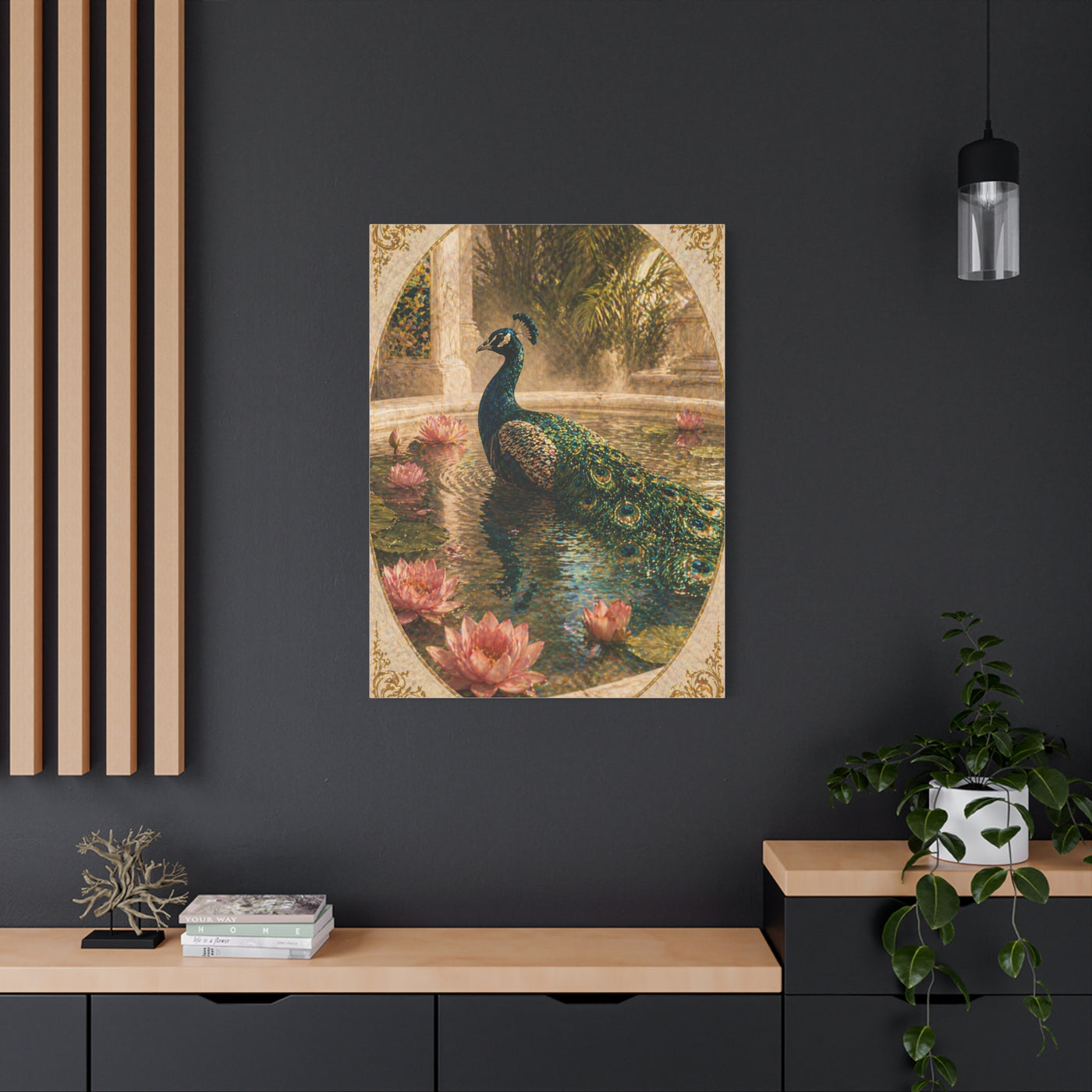 Lotus Pool Peacock Reflection Wall Art & Canvas Print