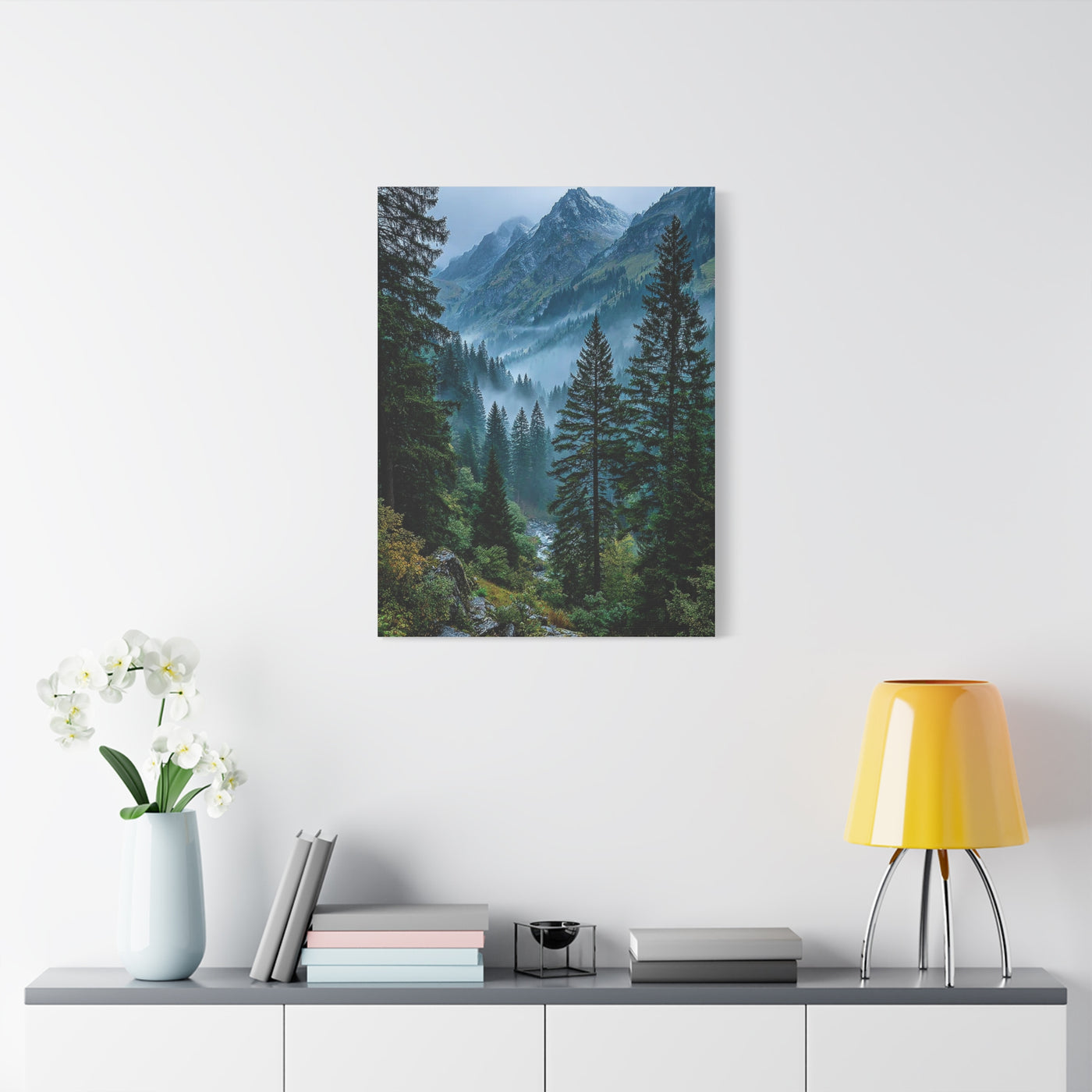 Misty Alpine Forest Valley Wall Art & Canvas Print