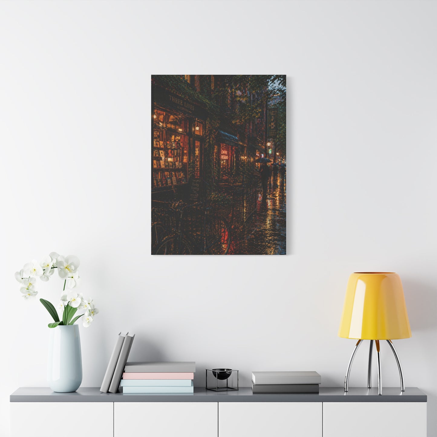 Greenwich Village Rainy Bookstore Scene Wall Art & Canvas Print