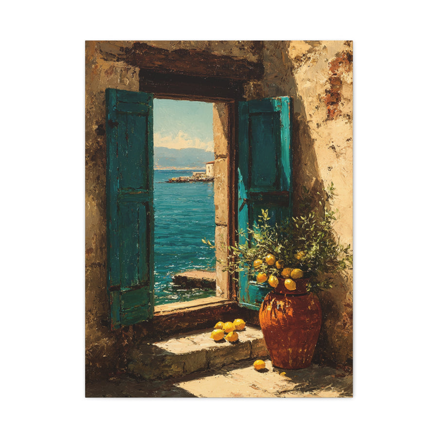Italian Coastal Window Painting Wall Art & Canvas Print
