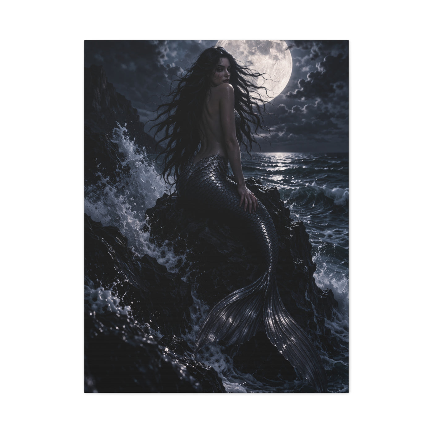 Midnight Moon Siren on the Rocks Wall Art & Canvas Print