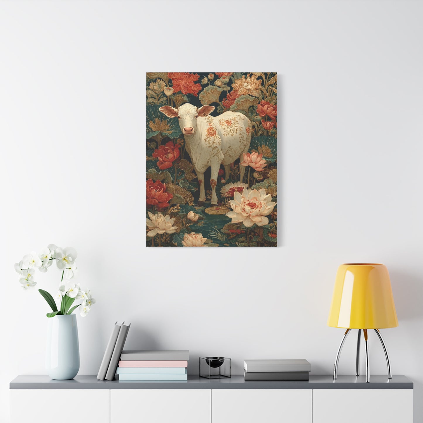 Pichwai White Cow Lotus Garden Wall Art & Canvas Print