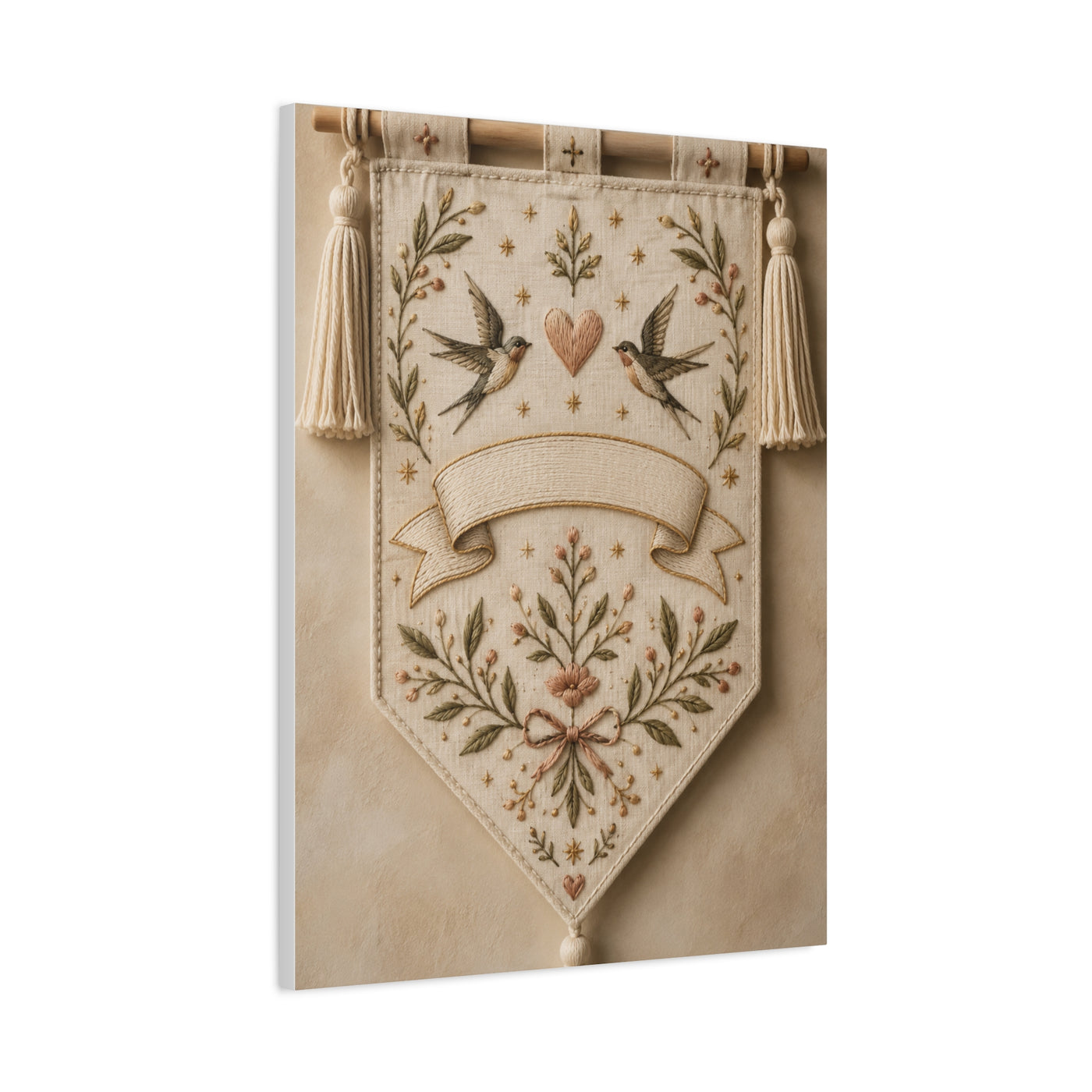 Hand-Embroidered Romantic Birds Textile Wall Art & Canvas Print