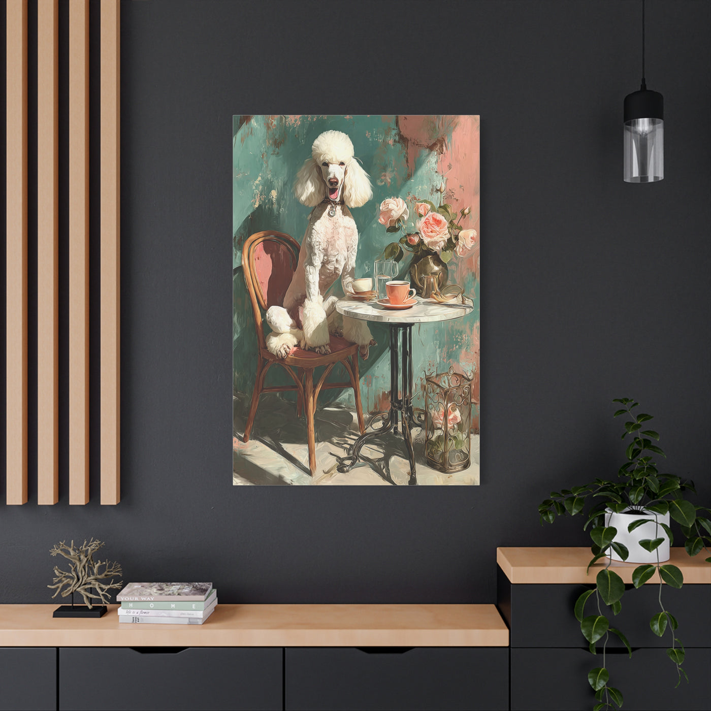 Paris Café Poodle with Roses Wall Art & Canvas Print