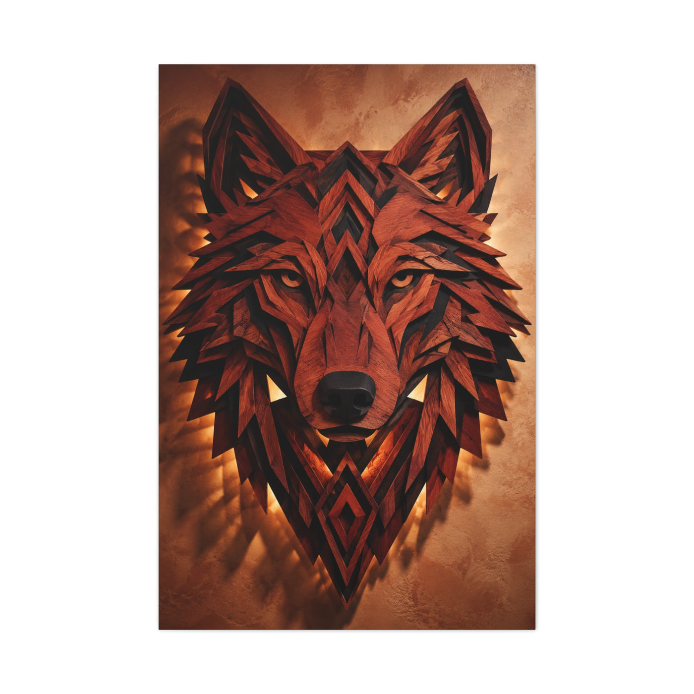 Geometric Carved Wood Wolf Head Sculpture Wall Art & Canvas Print