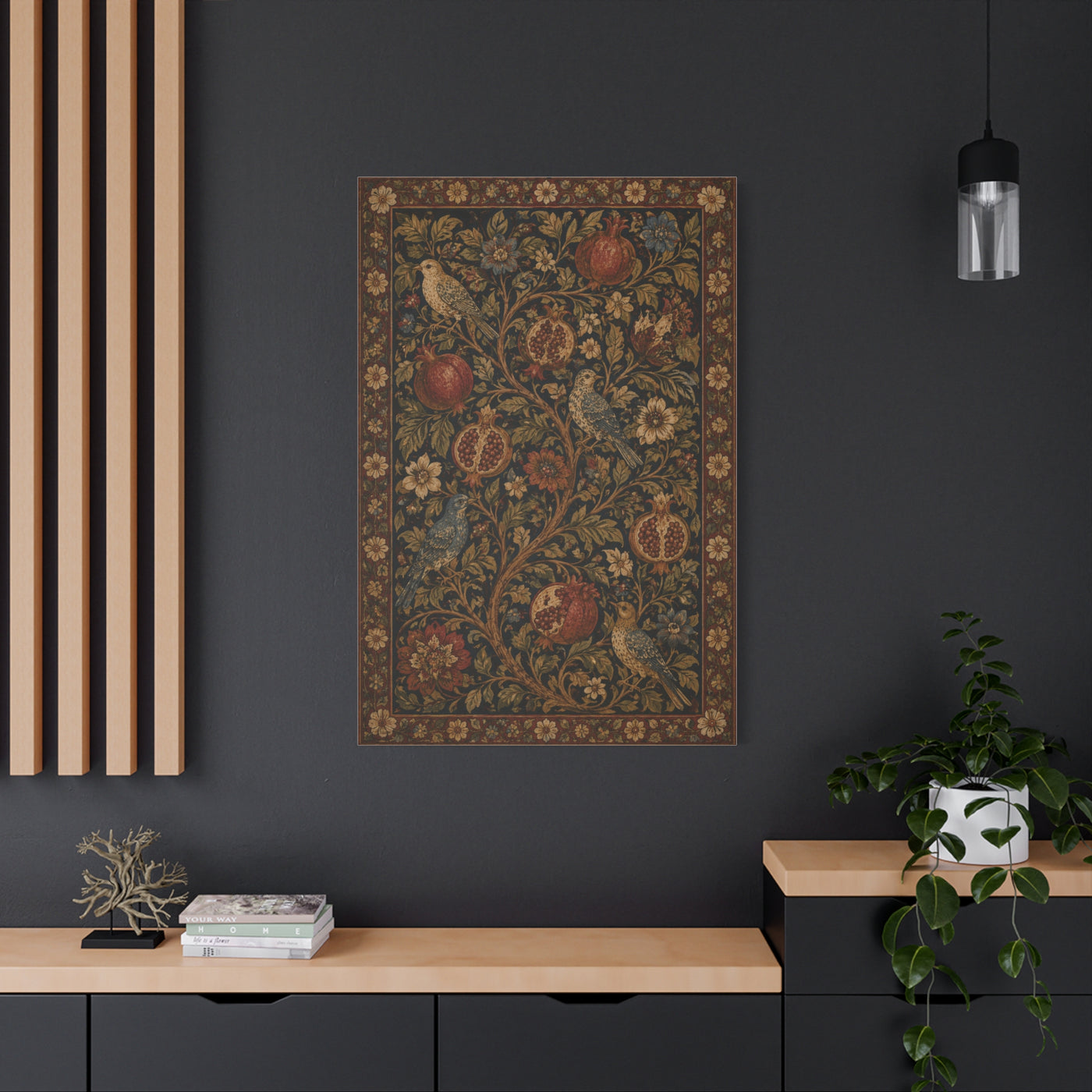 Dark Botanical Pomegranate Heritage Textile Wall Art & Canvas Print