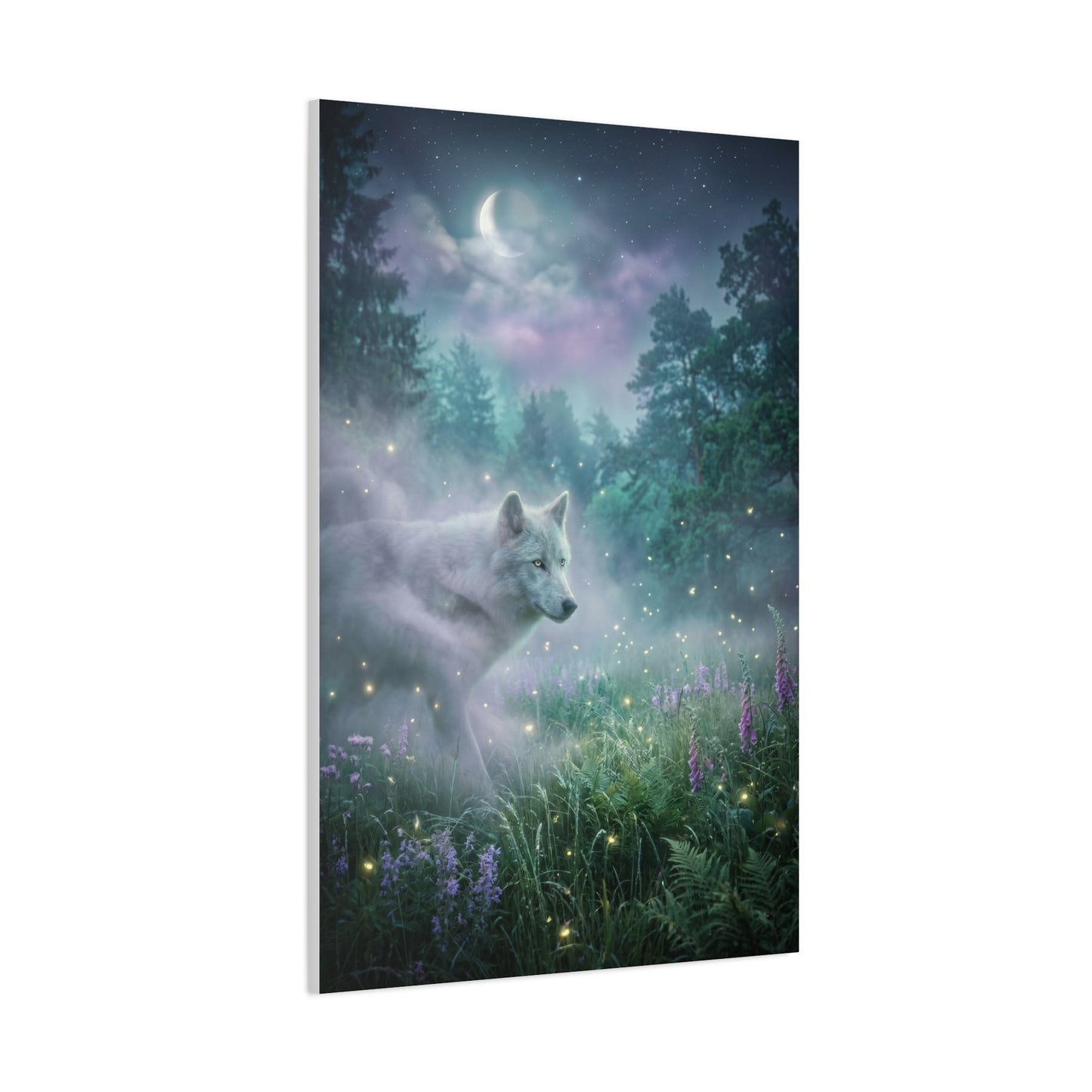 Ethereal White Wolf Moonlit Meadow Scene Wall Art & Canvas Print