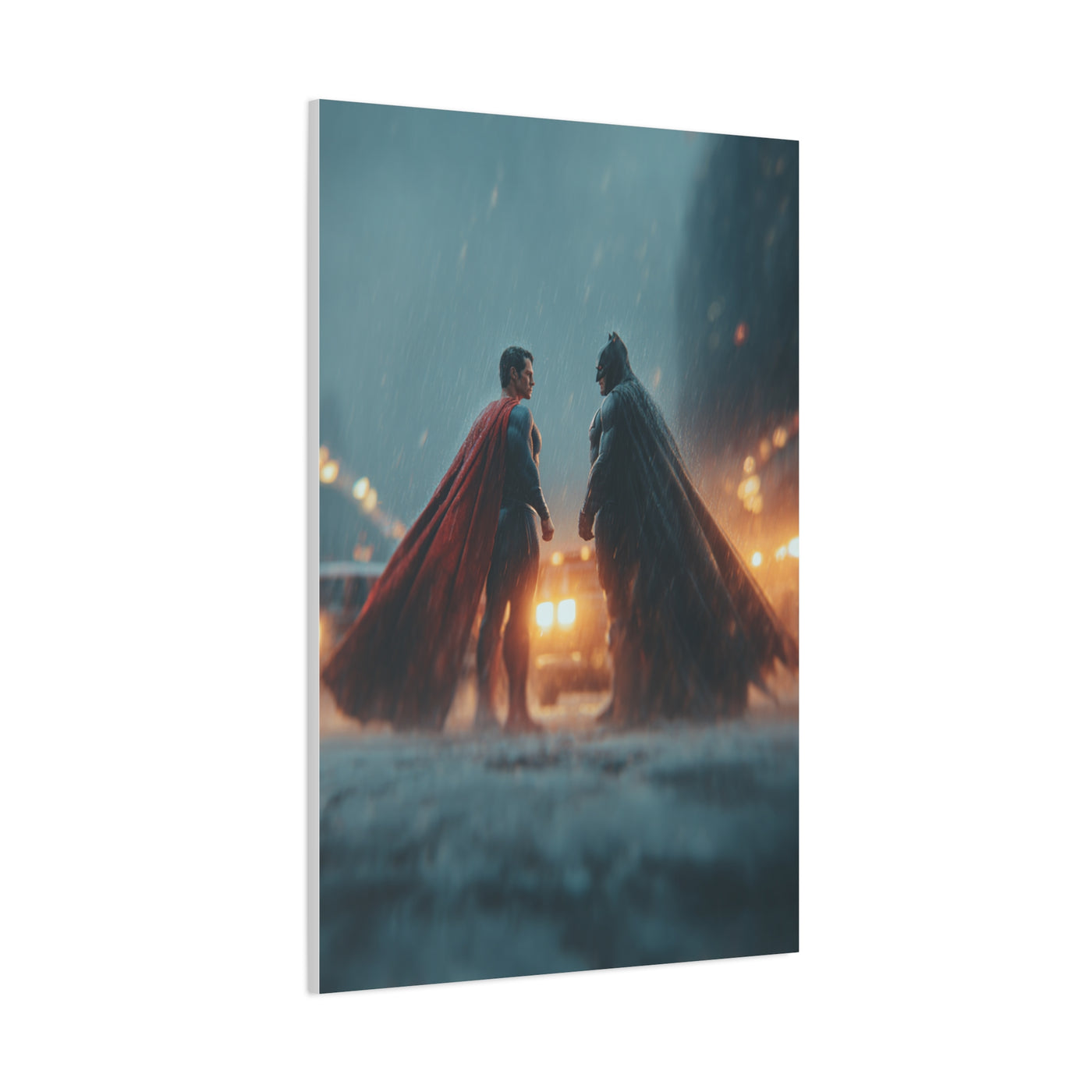 Batman vs Superman Rainy Gotham Clash Poster Wall Art & Canvas Print