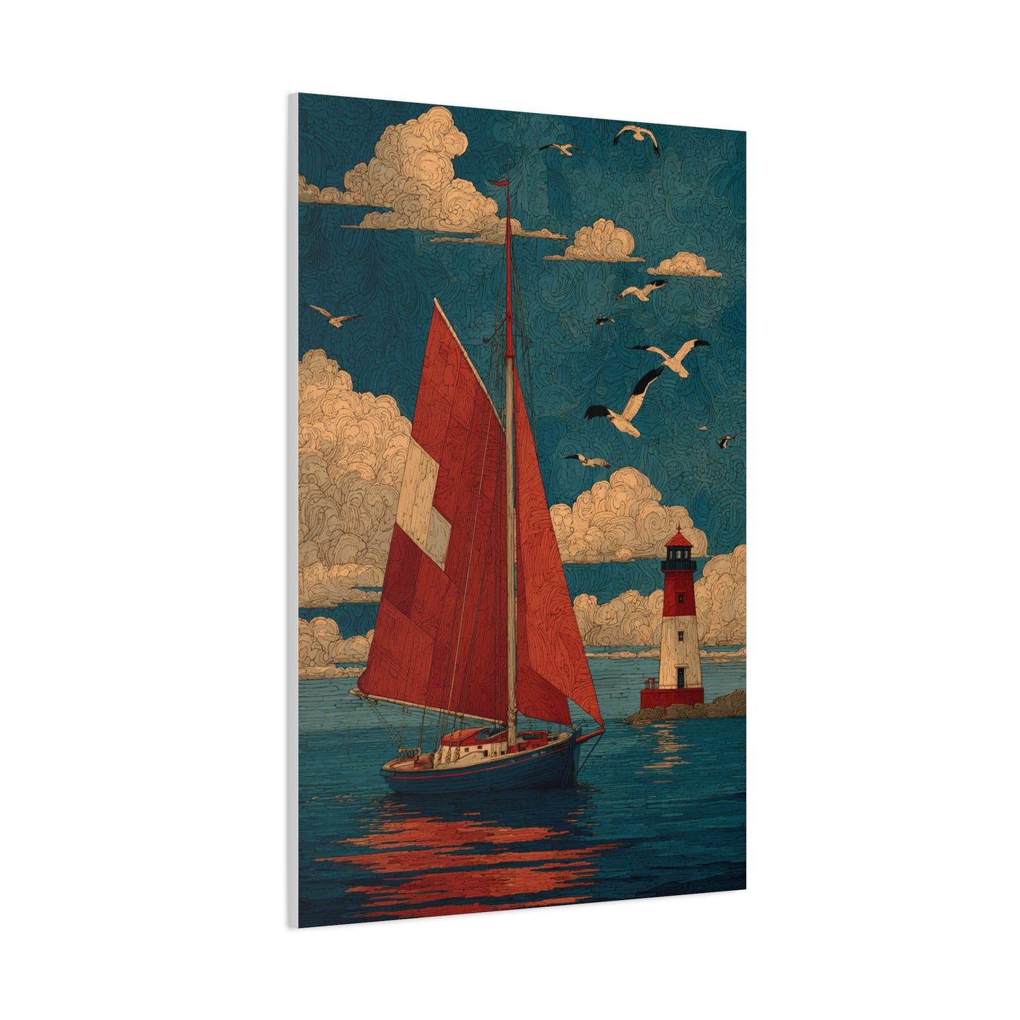 Primitive Coastal Sailboat Folk Wall Art & Canvas Print