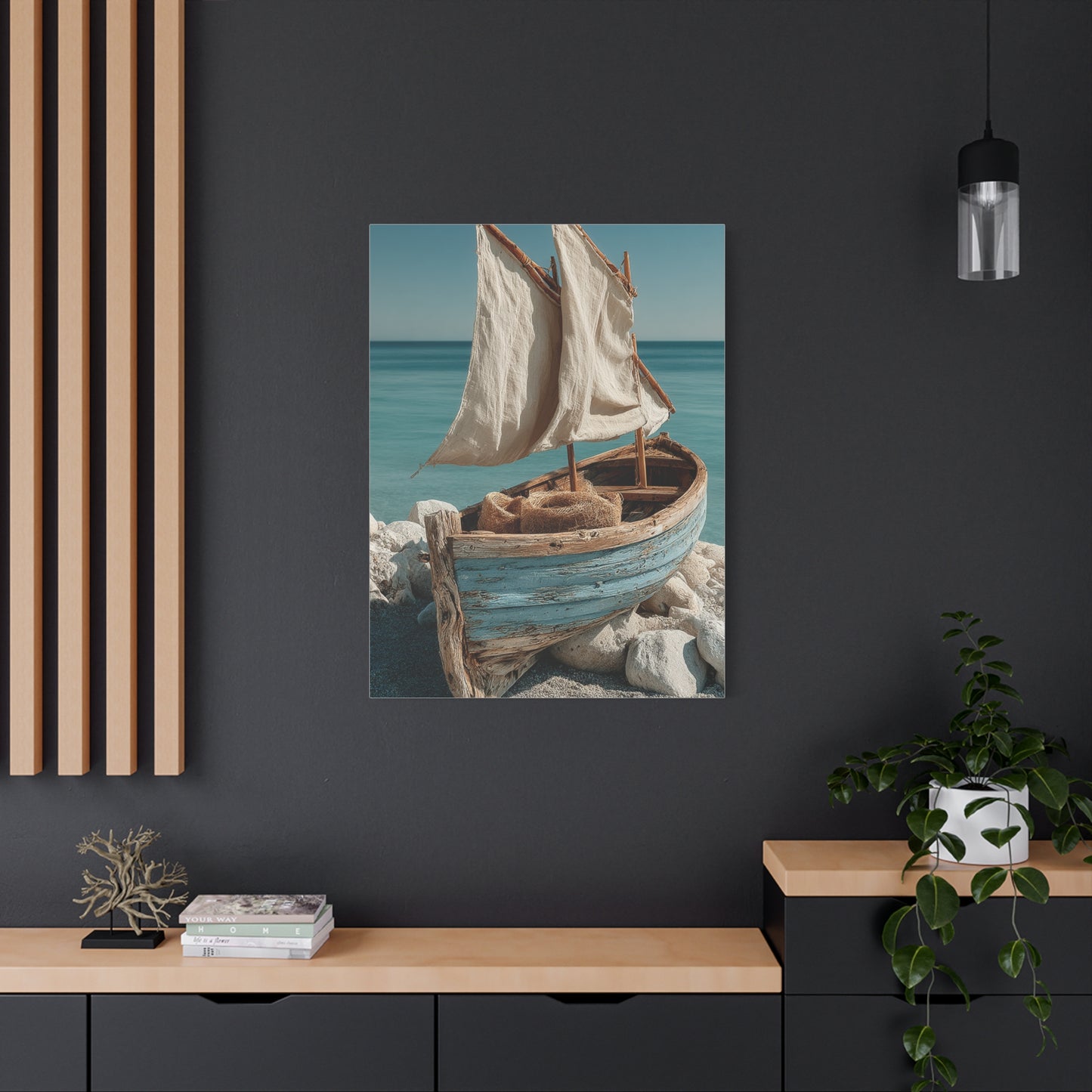 Driftwood Sailboat Coastal Sculpture Wall Art & Canvas Print