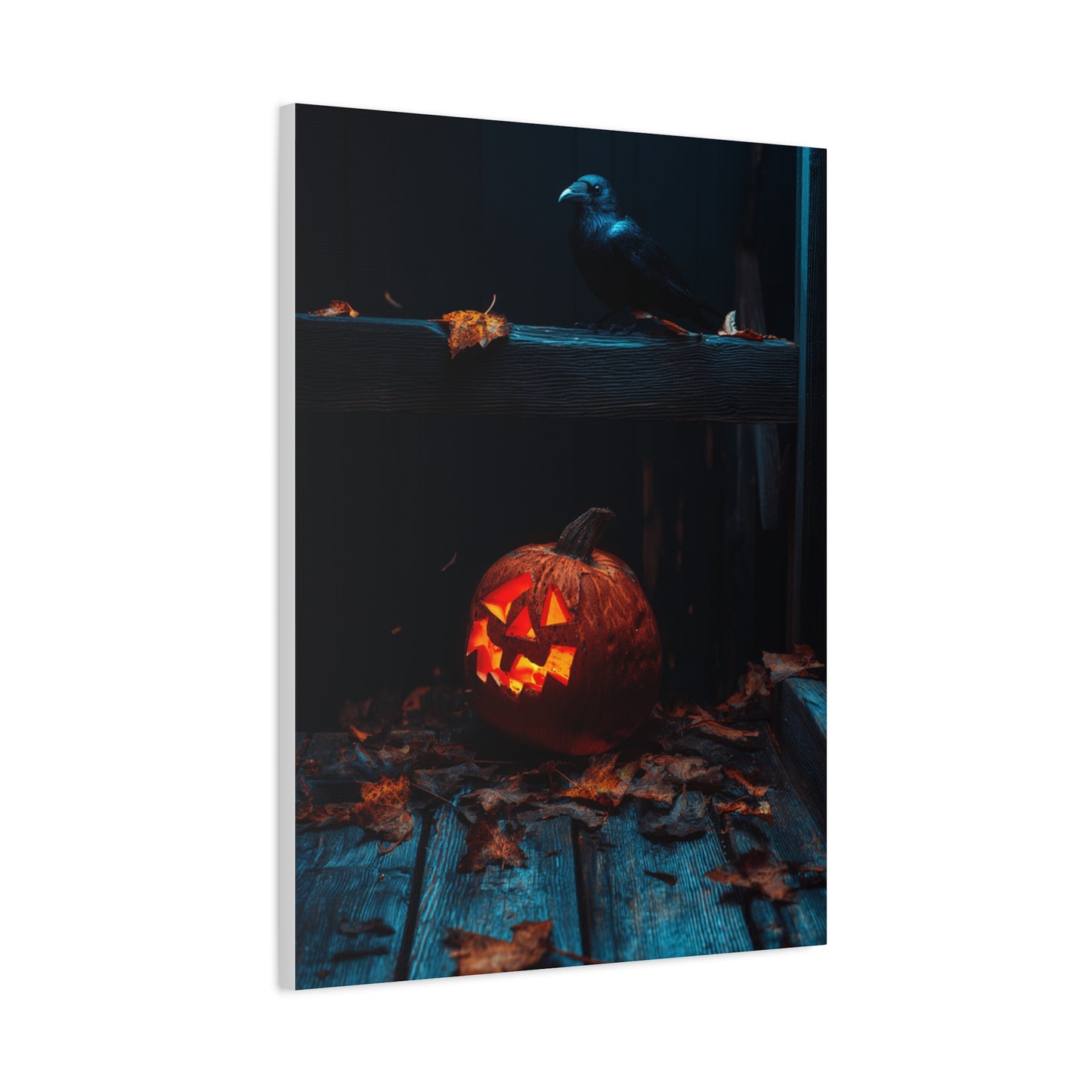 Jack-O’-Lantern and Crow on Moonlit Porch Wall Art & Canvas Print