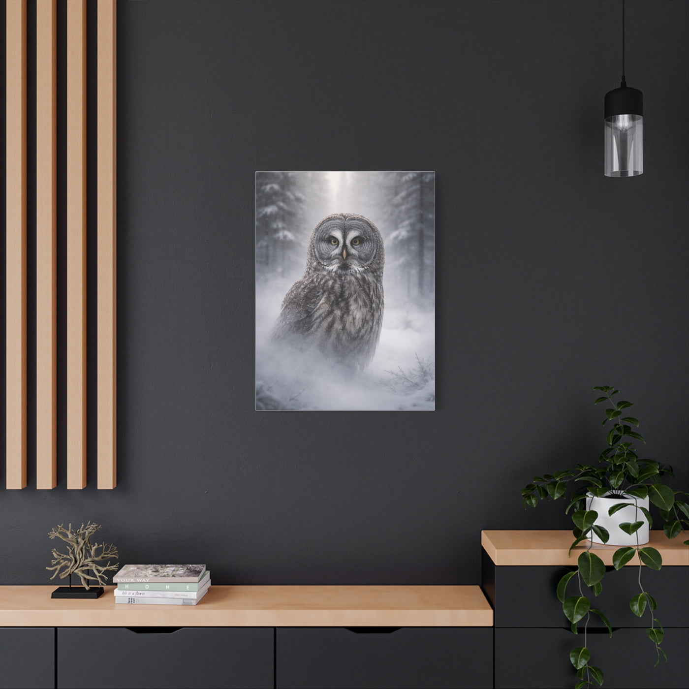 Great Grey Owl Winter Mist Portrait Wall Art & Canvas Print